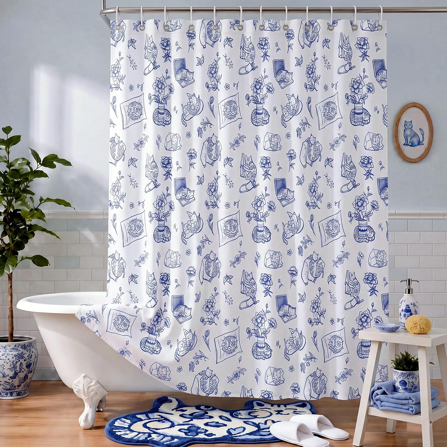 Flutesan Funny Cat Shower Curtain Delft Blue Floral Cat Bathtub Curtain image 4