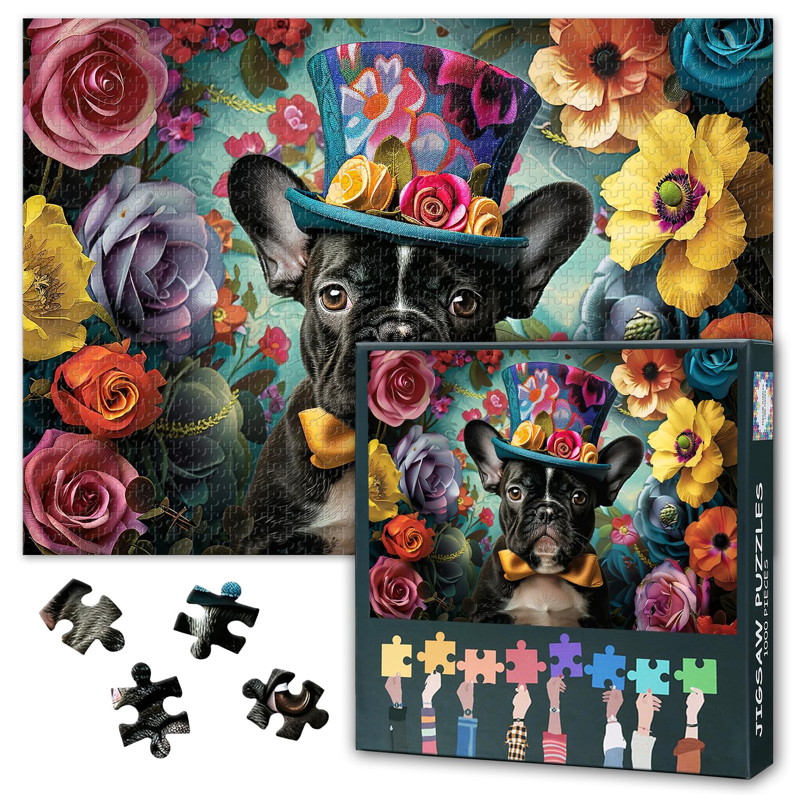 1000 Piece Jigsaw Puzzle for Adults Cute French Bulldog Puppy in Vintage Victorian Era Costume with Hat and Flower Animal Portrait Puzzle Charming Home Decor Gift 27.5x19.7 Inch