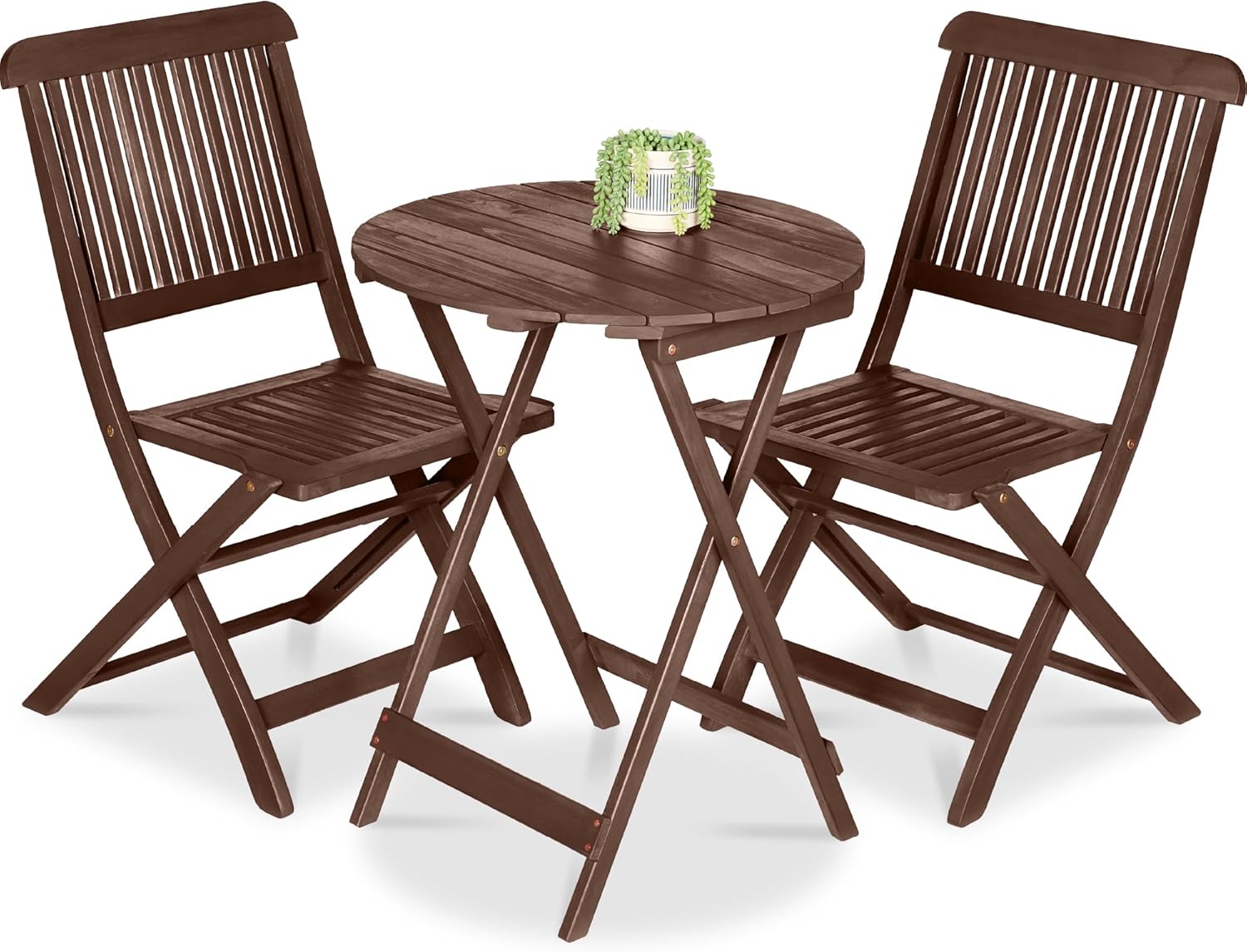 Best Choice Products 3-Piece Acacia Wood Bistro Set, Folding Patio Furniture for Backyard, Balcony, Deck w/ 2 Chairs, Round Coffee Table, Teak Finish – Brown