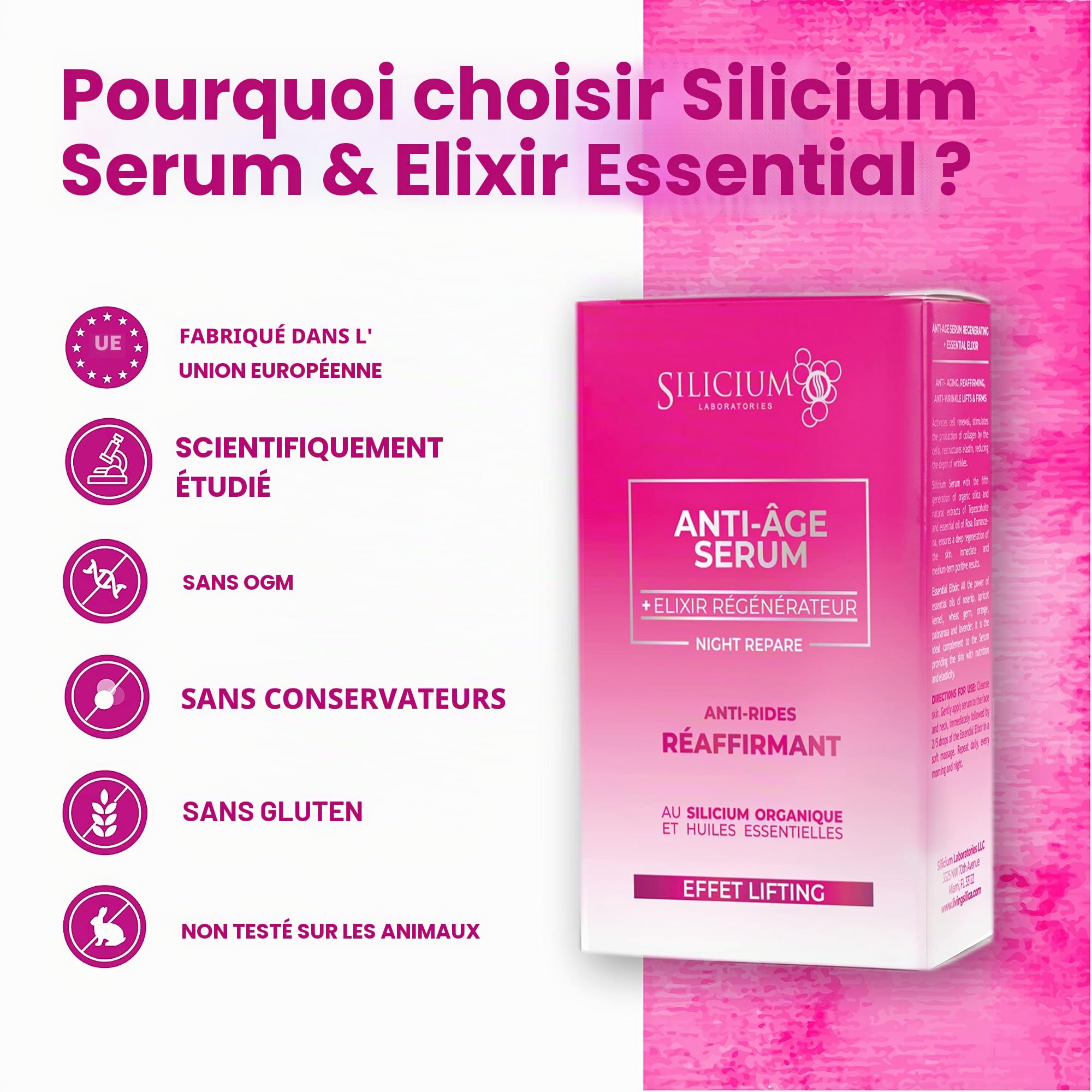 Sérum et Elixir Essentiel. Traitement raffermissant, effet liftant grâce au silicium, aux extraits et aux huiles naturelles. 50 ml de sérum + 20 ml d'élixir essentiel en compte-gouttes.