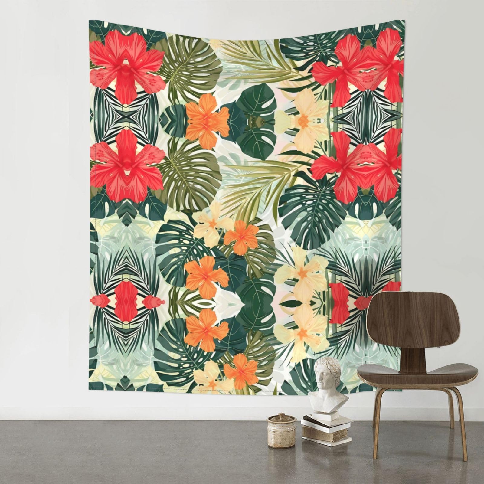 WHJSSF Vegetation Leaves with Hibiscus Flowers Prints Wall Tapestry 60x51in - Boho Decor Throw for Bedroom, Dorm, Picnic & Outdoor Adventures