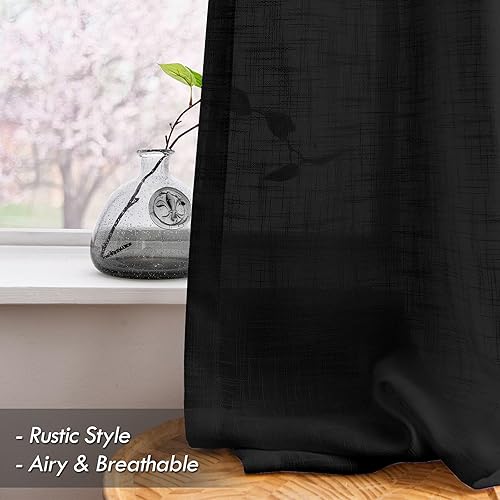 Miniatura 3 de Melodieux Cortinas semitraslúcidas con textura de lino negro de 96 pulgadas de largo para sala de estar, dormitorio, cortinas de gasa con bolsillo