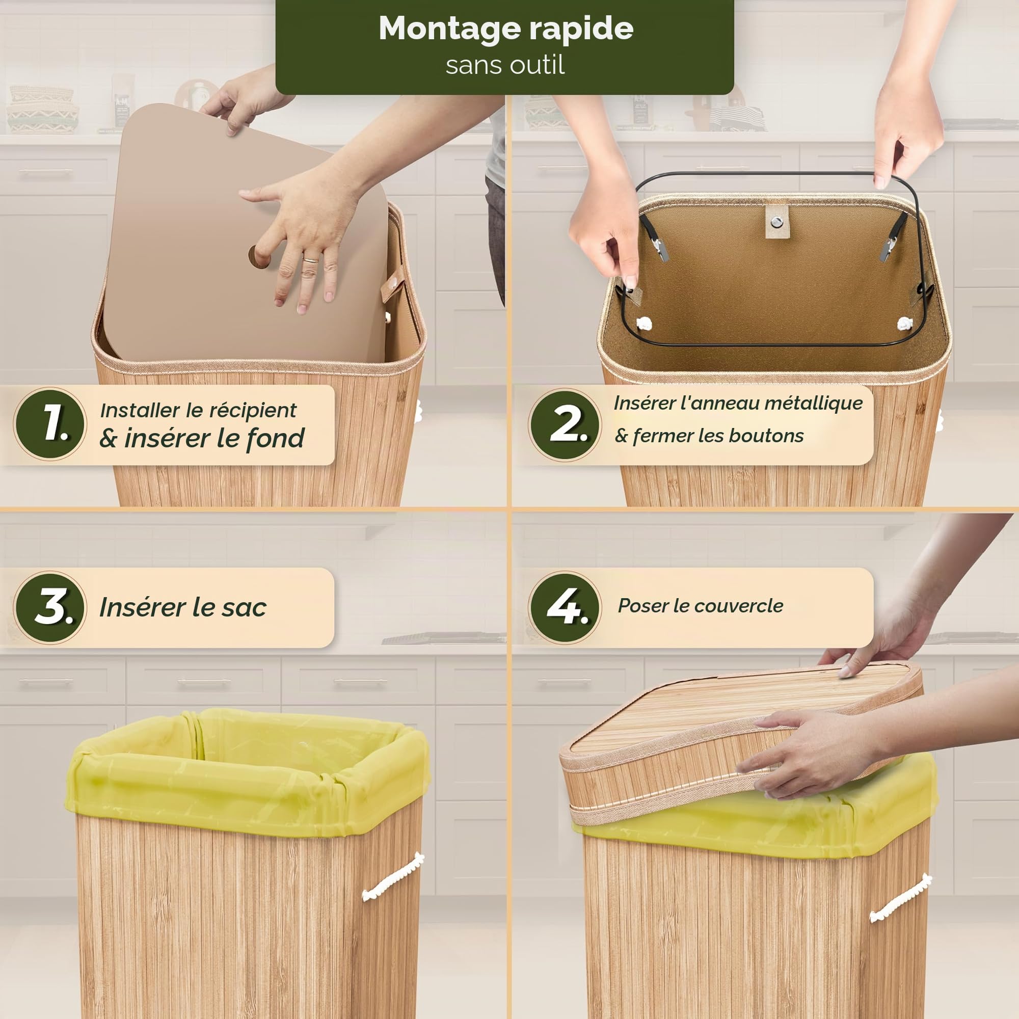 COTTARA Support de sac poubelle jaune avec couvercle - Support pour sacs poubelle en bambou - Avec sac intérieur lavable - Système de déchets de 60 à 120 l - Double maintien renforcé