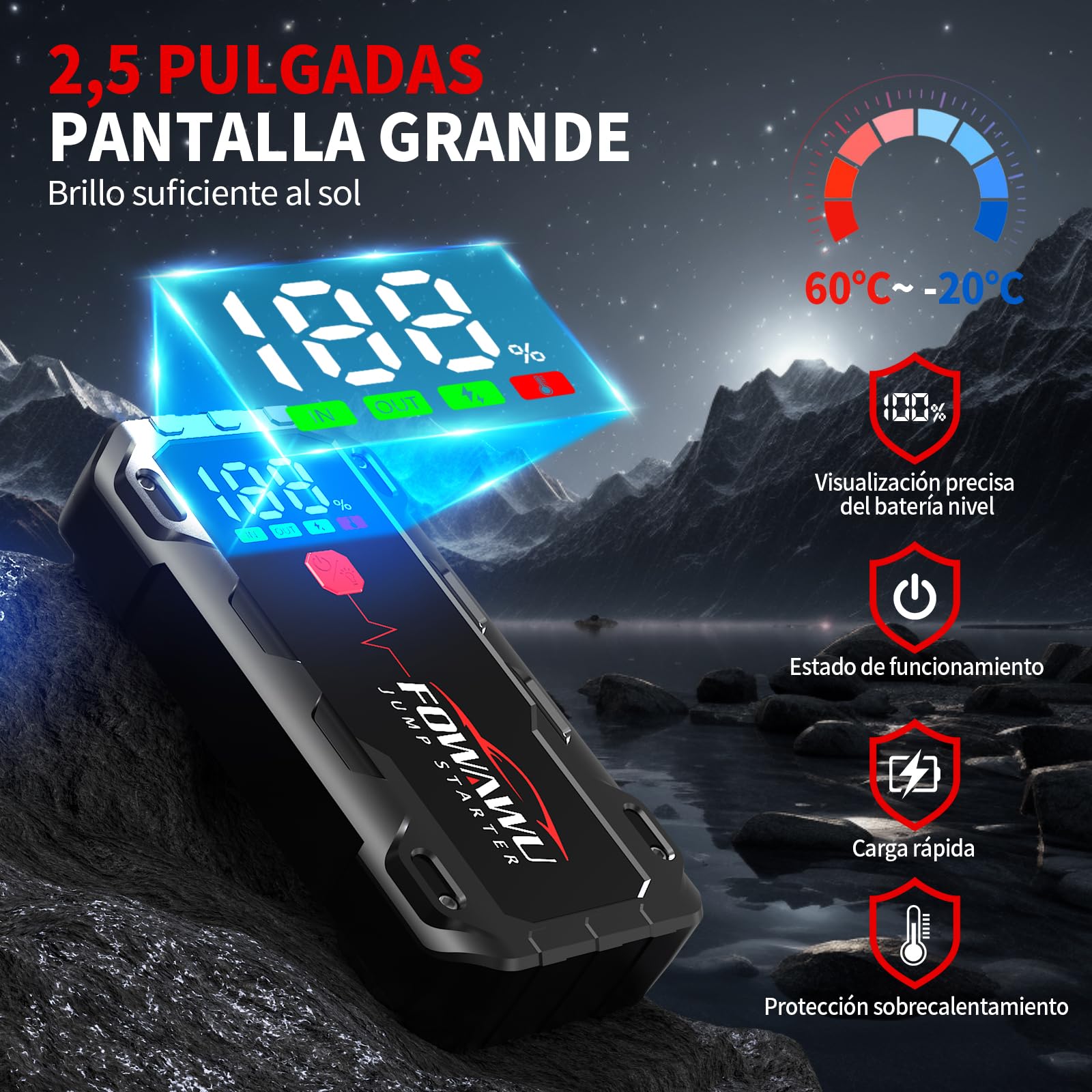 FOWAWU 7000A Arrancador de Baterias de Coche, 26800mAh Jump Starter(para 12L de Gasolina o 10L de Diésel) con Linterna LED de Emergencia, Espera Larga, Carga Rápida, QC 3,0