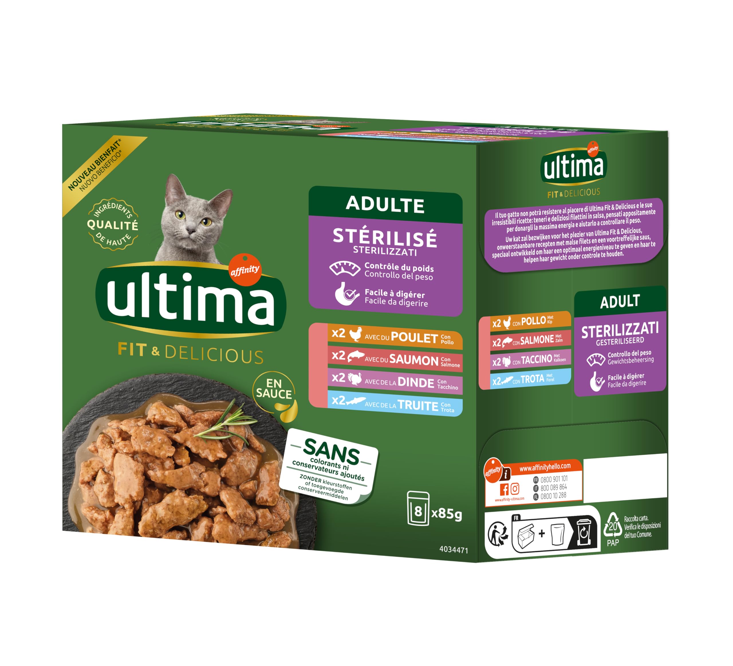 Ultima Fit & Delicious - Comida húmeda para Gatos Esterilizados - Multipack de 8x85g (Pollo, Pavo, Salmón, Trucha)