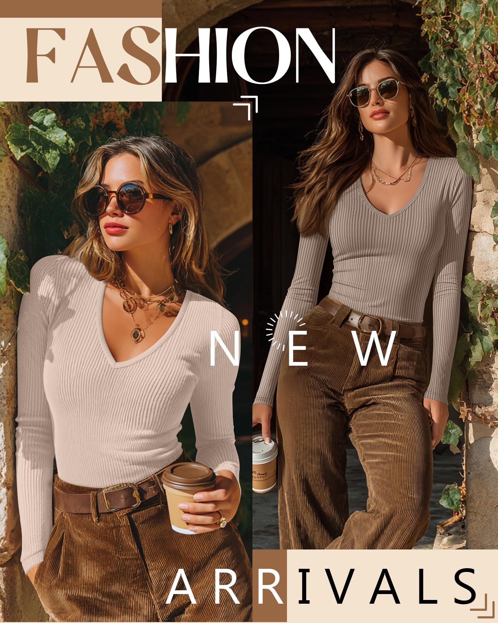 Riyiper 3 Pack Women Long Sleeve Shirts, 95% Cotton V Neck Ribbed Knit Tops Slim Fit Casual Going Out Tee Shirts