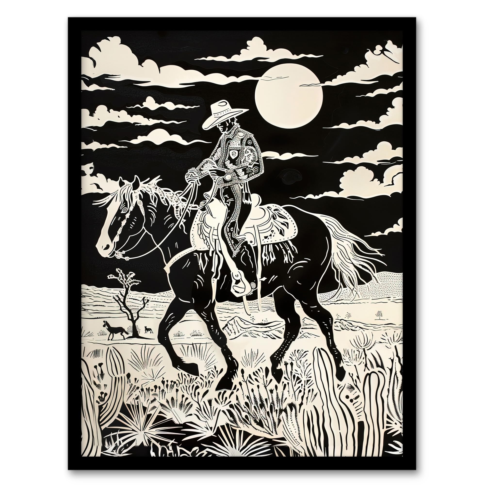 Artery8 Midnight Cowboy Black and White Western Desert Living Room Artwork Framed Wall Art Print A4