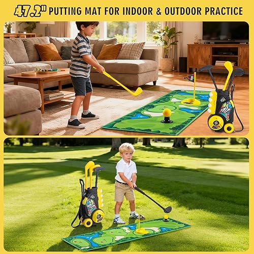 Miniatura 6 de Juego de golf para niños pequeños con carrito, 4 palos de mango mejorados, tapete de putting de 47.2 pulgadas, 8 bolas, accesorios de entrenamiento