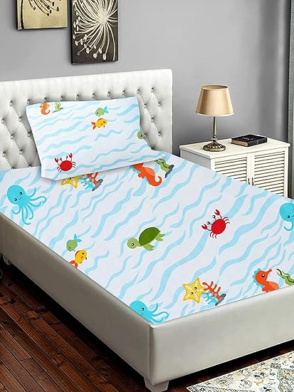 Slumber Cotton 300 TC Animal Print Single Bed Designer Bedsheet for Kids with Pillow Cover- Blue (3B91SLOB04BLUS1)