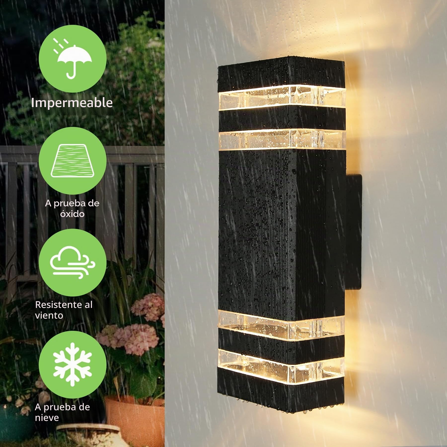 CANMEIJIA Aplique pared Exterior, luces de pared para exteriores IP65, impermeables, luces exteriores, luz de porche, lámpara de puerta delantera, moderna, aluminio negro, 3000K, incluye 4 * 6 W GU10