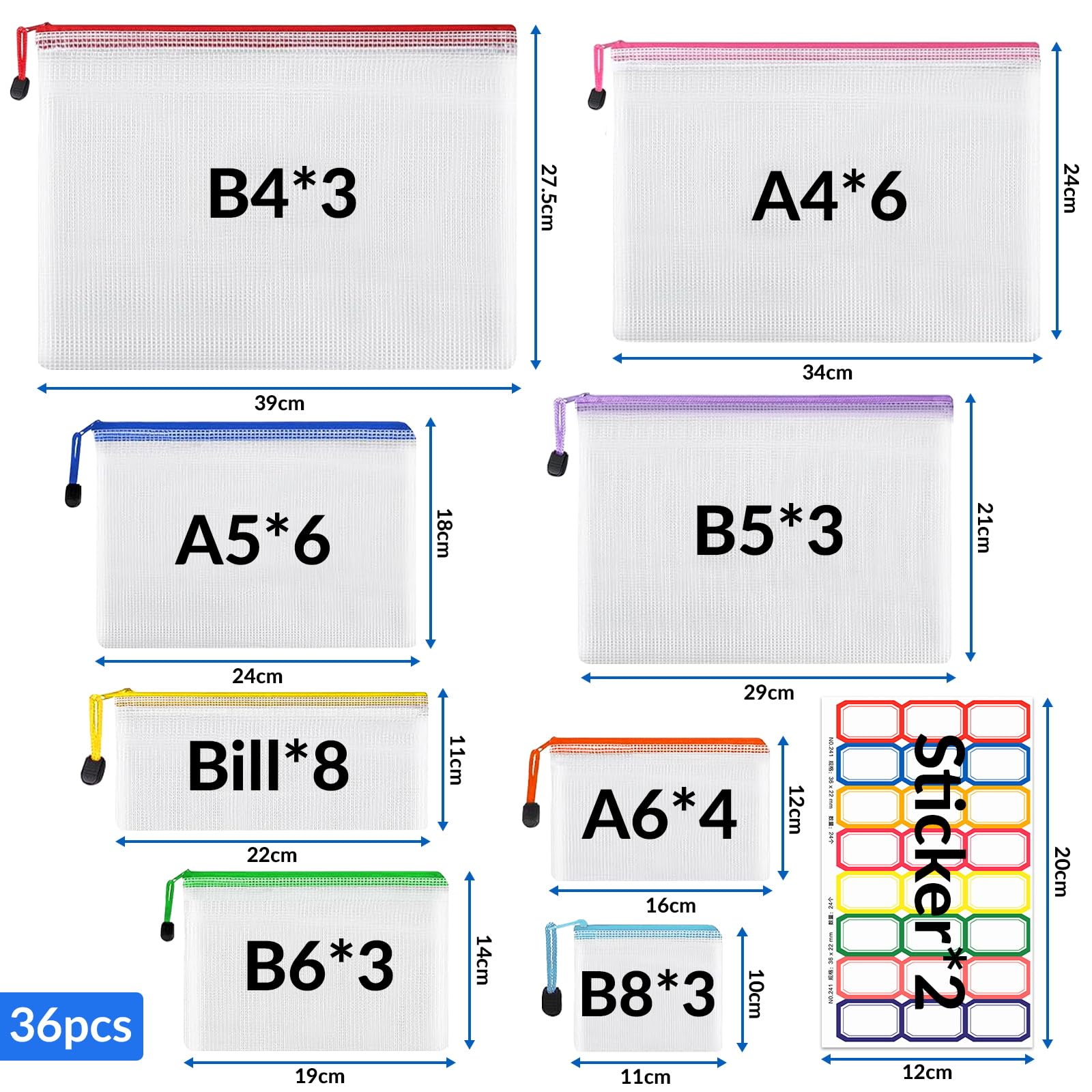 36 bolsas para documentos impermeables con pegatinas, bolsas de malla con cremallera, bolsa de plástico con cremallera para archivos, documentos, escuela, papel, cosméticos (multicolor, 8 tamaños)