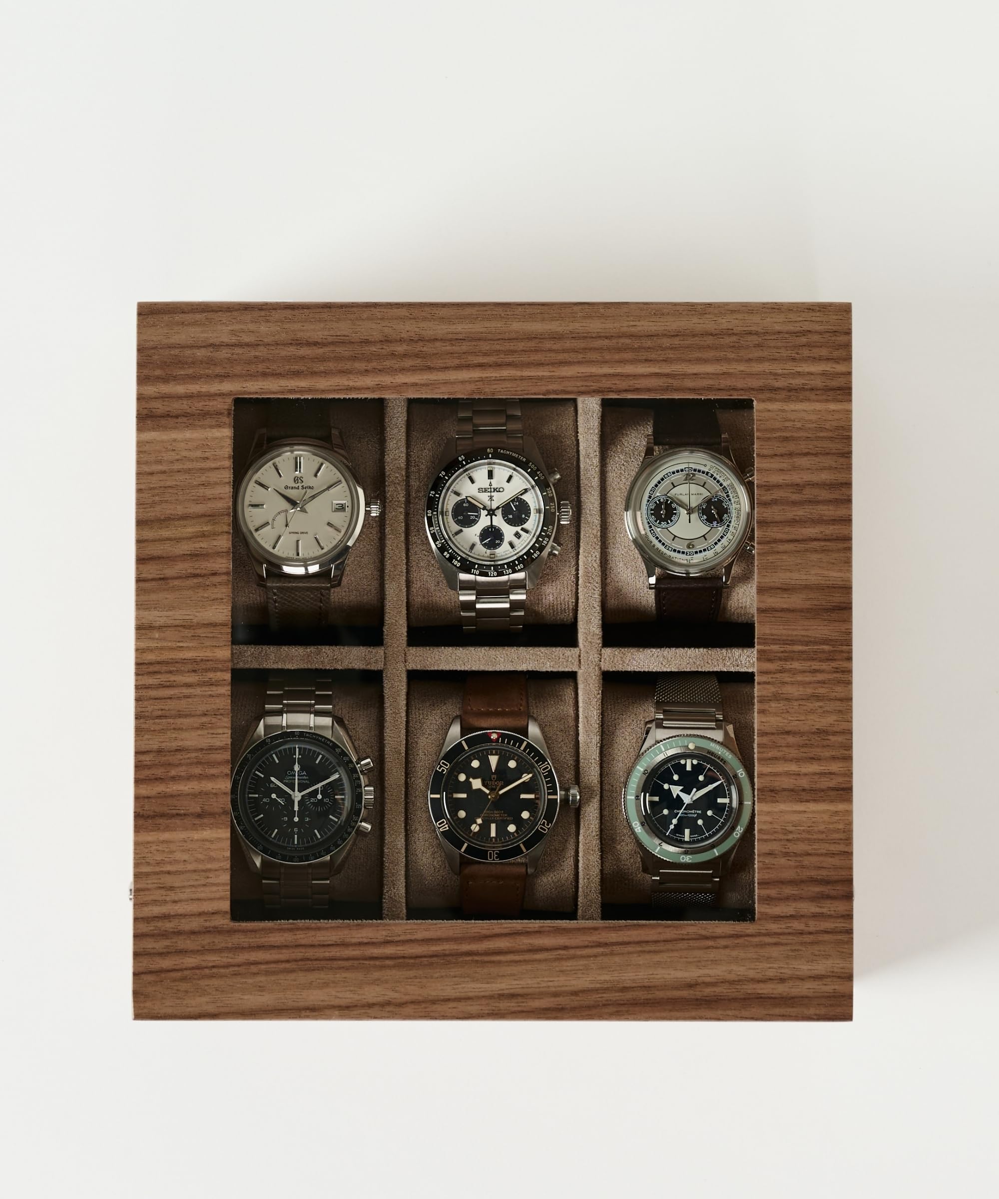 TAWBURY Custodia per orologi in legno, con 6 scomparti, per uomini e donne, con display in vetro, interno protettivo completamente foderato e cuscini larghi 5 cm per orologi piccoli e grandi (noce