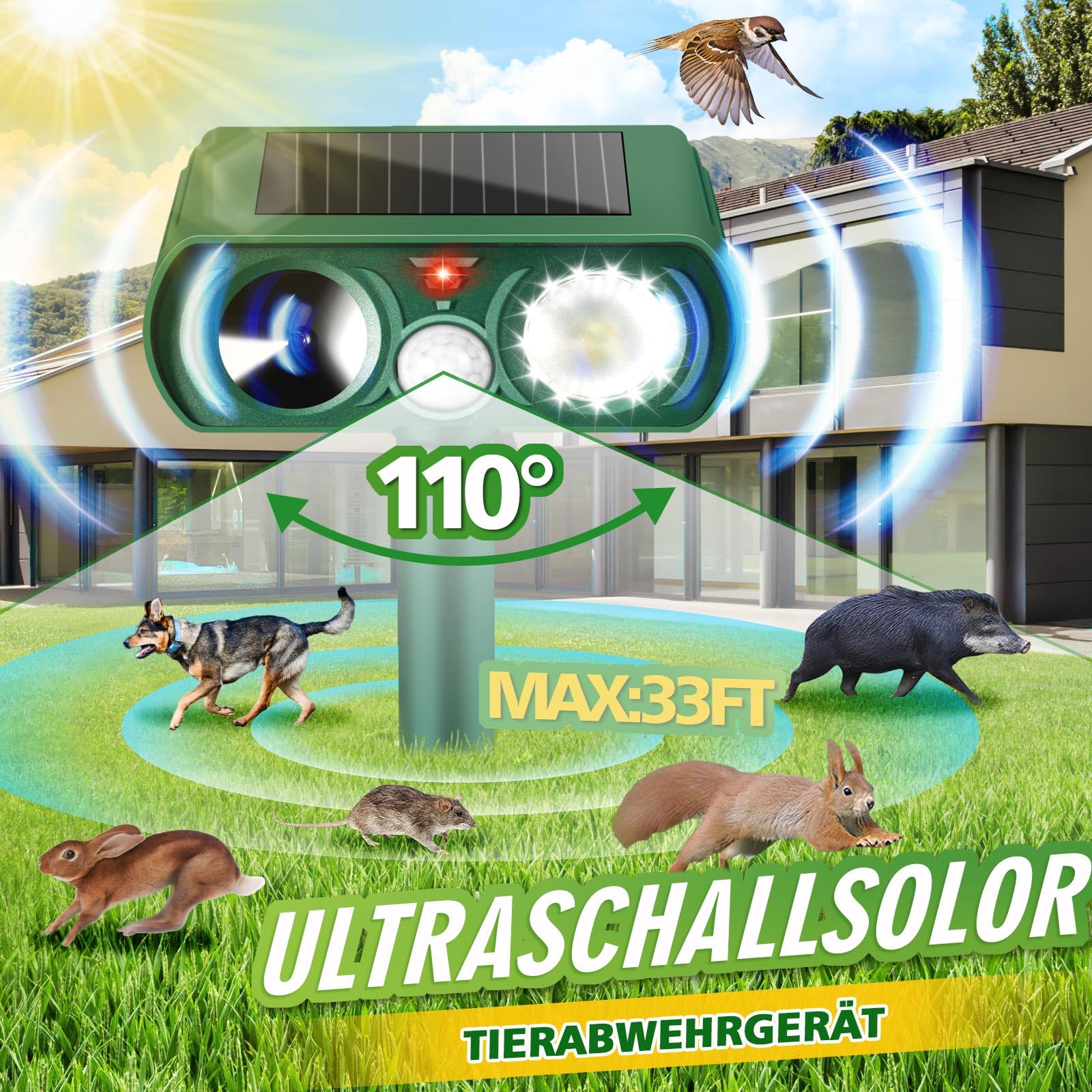 Dissuasore A Ultrasuoni Per Gatti E Animali Da Giardino Con Sensore Di Movimento PIR E Pannello Solare, Frequenza Regolabile 13-45 KHz, IP54