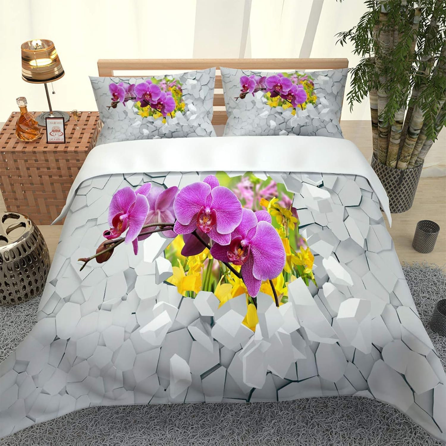Super King zestaw poszewek na kołdrę z fioletowymi kwiatami miękka mikrofibra zestaw pościeli z nadrukiem 3D piękne kwiaty poszewka na kołdrę 260 x 220 cm z zamkiem błyskawicznym z 2 poszewkami na