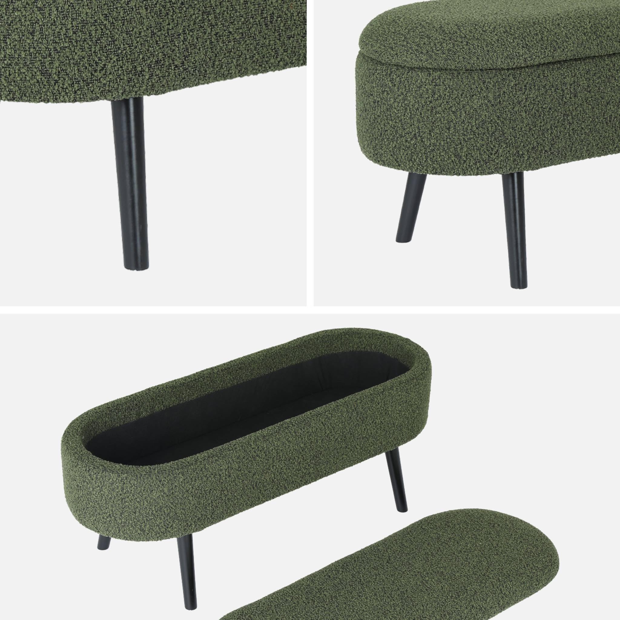 sweeek - Banc Coffre. Bout de lit avec revêtement Bouclette texturée. Kaki. Pieds en Bois Noir. L 112 x 44 x 50cm