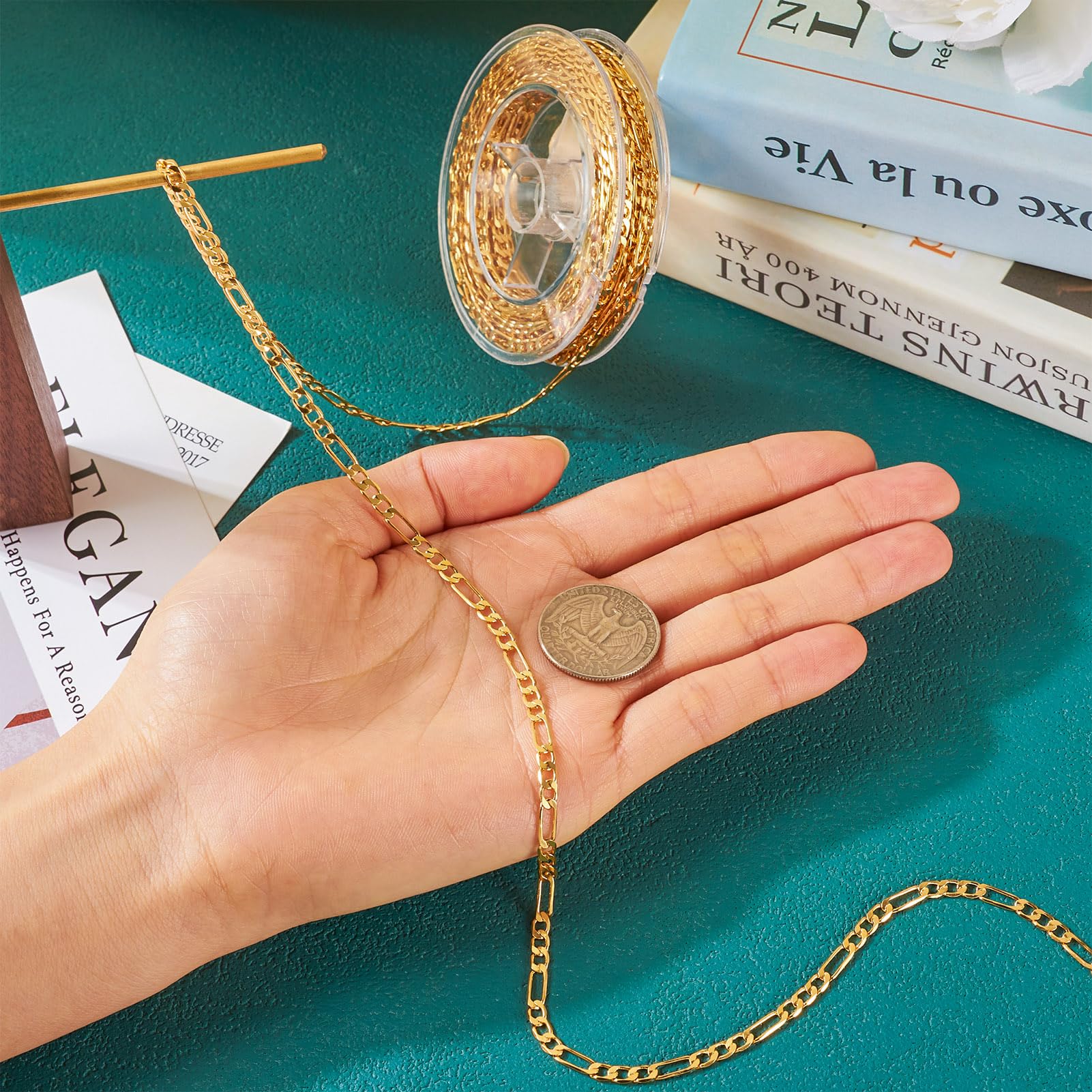 Cadena De Cable Chapada En Oro De 18k (5 Metros) Con 20 Cierres Y 40 Anillos - Para Joyería Y Manualidades