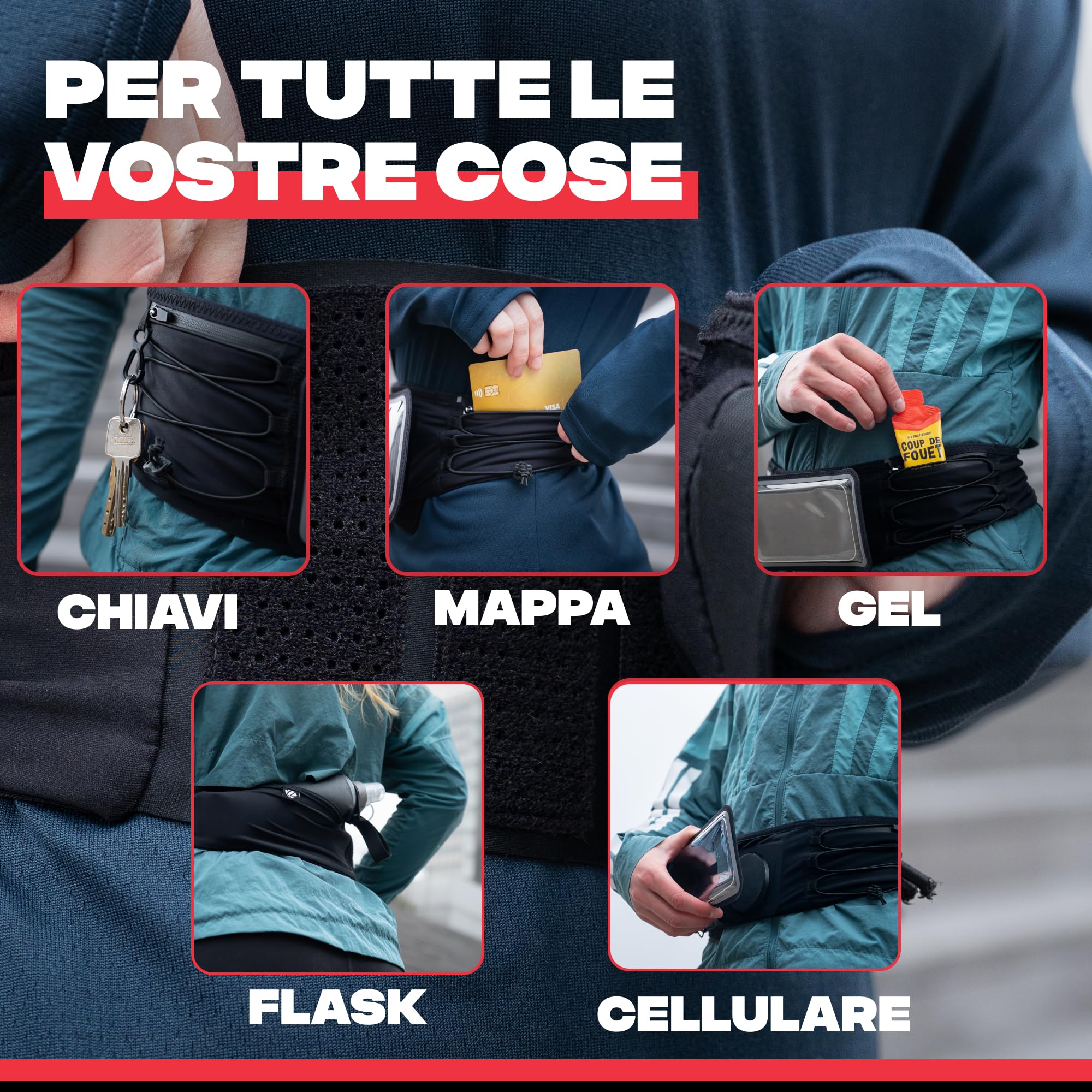 SHAPEHEART Innovazione francese, Cintura magnetica sportiva per telefono , Supporto cellulare Impermeabile con tasca magnetica | Per ogni Telefono | Sistema anti-risalita | 3 tasche | Touchscreen | Aggancio e sgancio rapido | Regolabile | Unisex