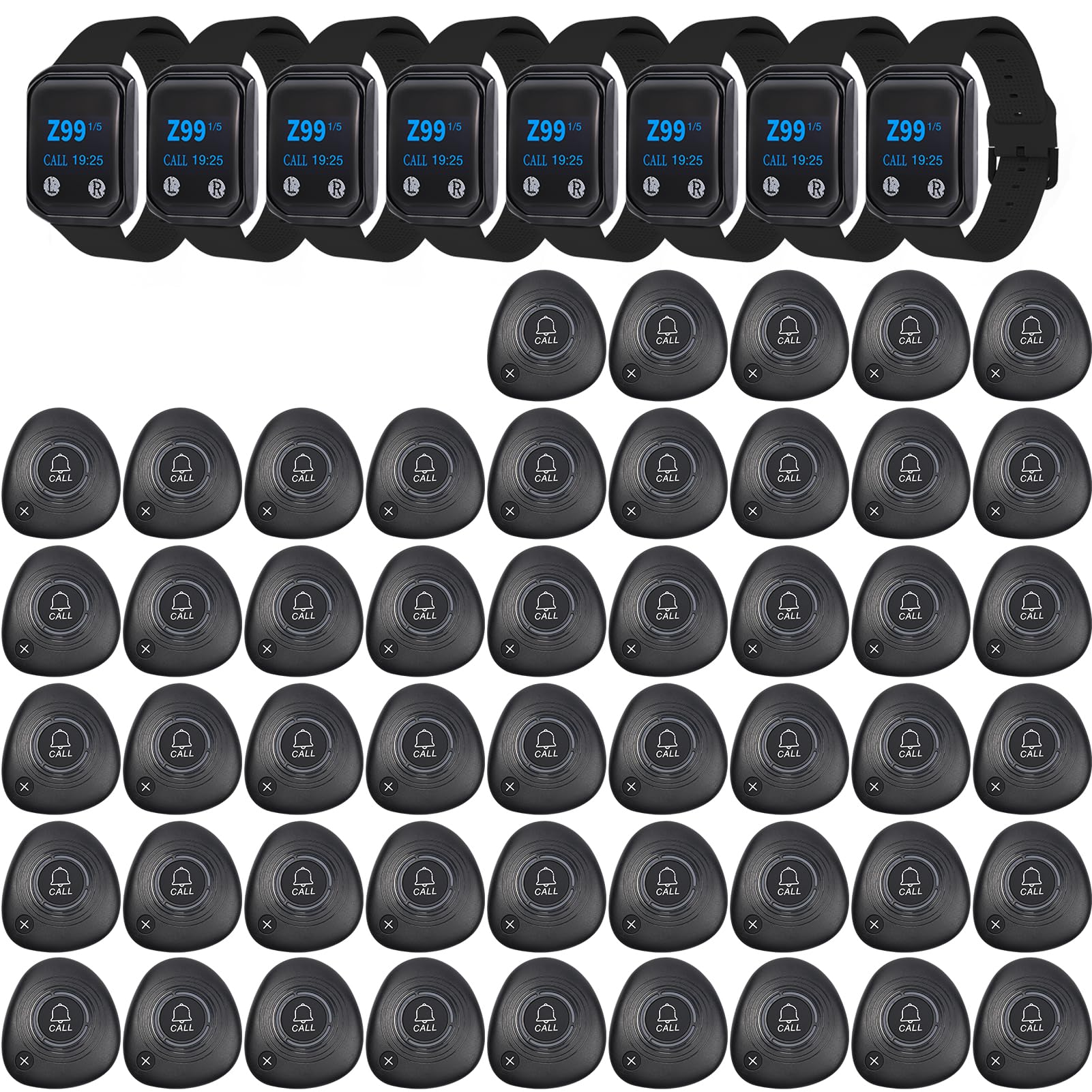 WNKRUN Restaurant Pager System Wireless Calling Pager System with 8 Waterproof Watch Pagers and 50 Call Buttons with Cancel Key