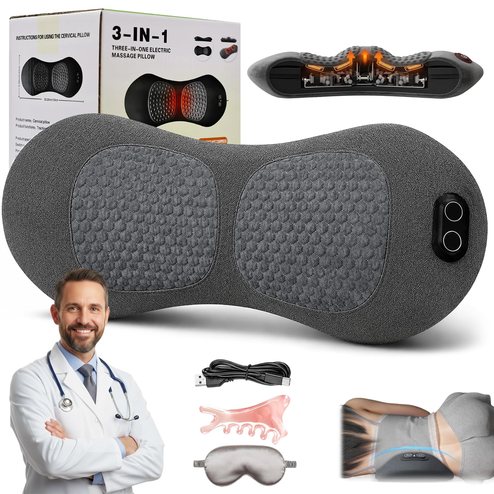 2026 BackPulse Pro 3 en 1 Décompression Vertébrale à Domicile, Masseur Lombaire Sciatique, Appareil Dos Traction Chauffage Vibrations, Soutien Ergonomique Soulagement Sommeil (Gris Foncé,USB)