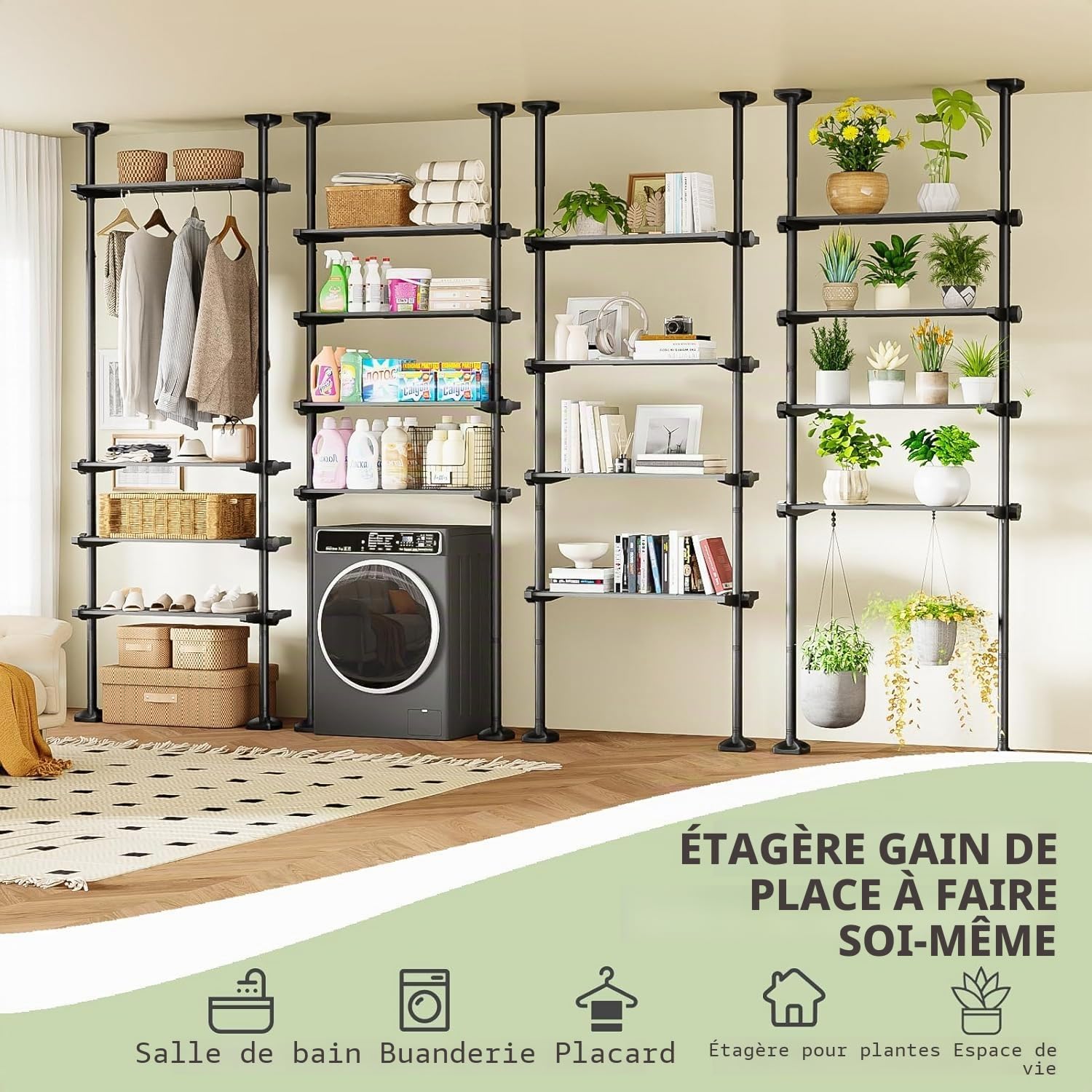 WELDUN Étagère de toilette 4 niveaux, étagère de salle de bain au-dessus des toilettes peu encombrante, 49-79 cm de largeur, 122-315 cm de hauteur, étagère pour machine à laver, organisateur de salle