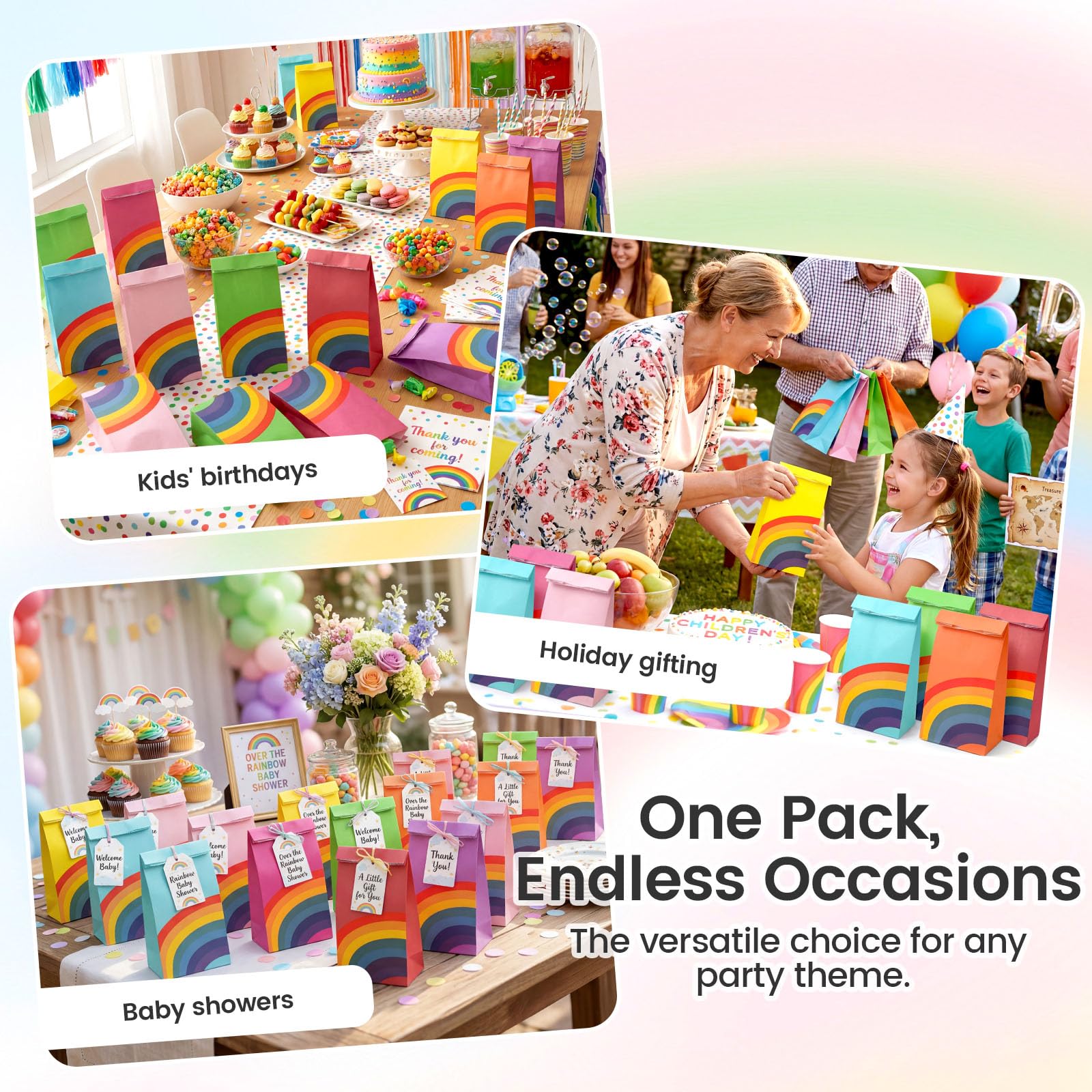 LovesTown 24 Pcs Rainbow Party Favor Bags with Stickers - 8.7"x4.7"x3.1" Colorful Goodie Treat Bags in 8 Vibrant Colors for Kids Birthday, Baby Shower, Wedding & Gift Packaging