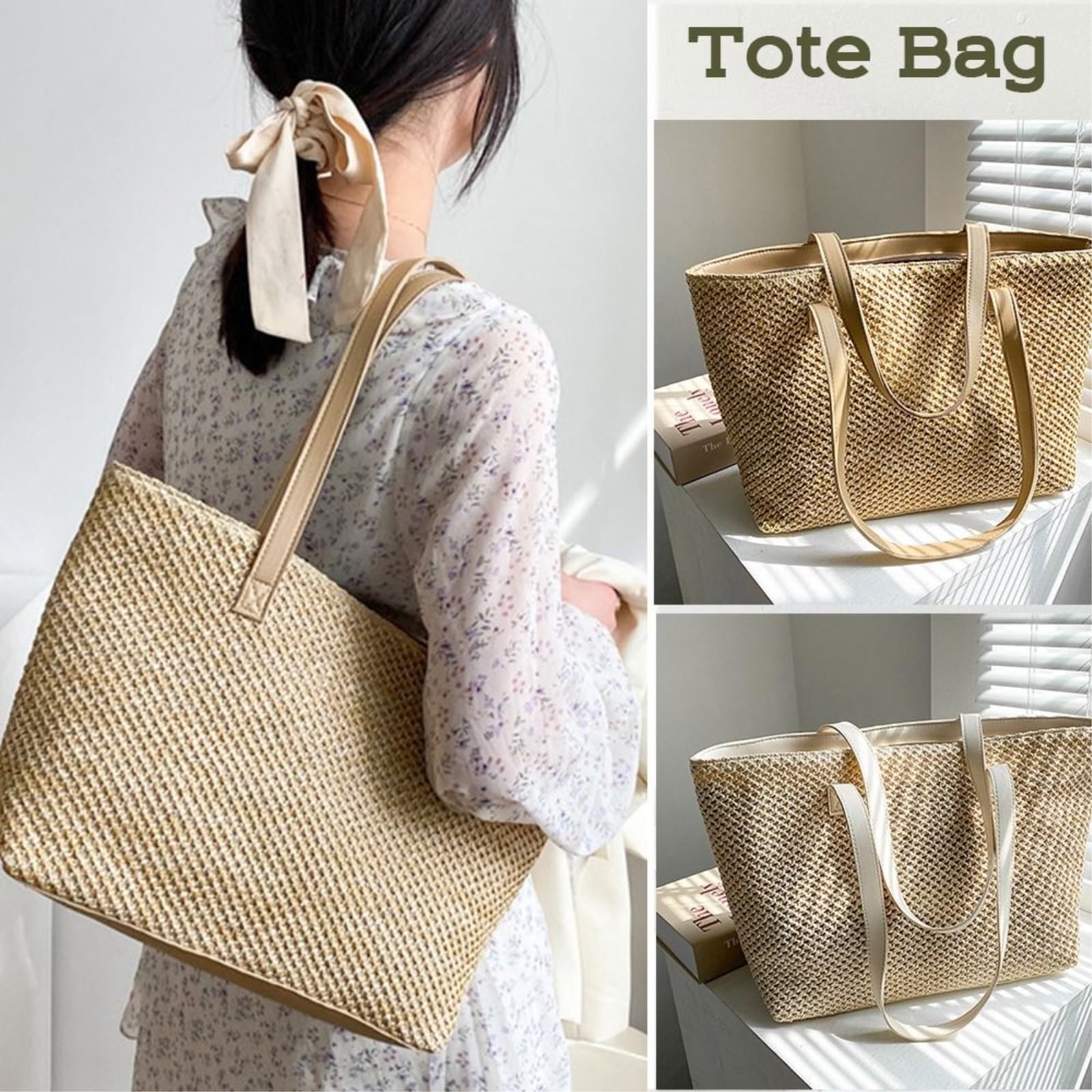 Borsa Spalla Paglia Tote Tessuta Quadrata A Superiore Aperta con Fodera di Grande capacità per La Spiaggia Dell'ufficio dello Shopping Viaggi Giornalieri-Khaki
