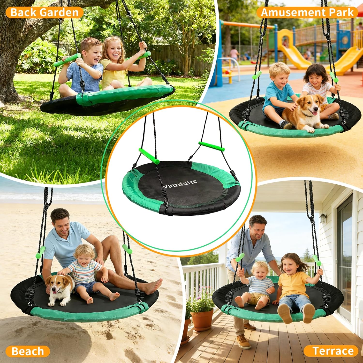 40-Inch Round Saucer Tree Swing for Backyard Fun,Heavy-Duty Steel Frame with Thick Foam Cover & Durable Water-Resistant Oxford Fabric and Handles (Black+Green, 40 Inches Diameter)