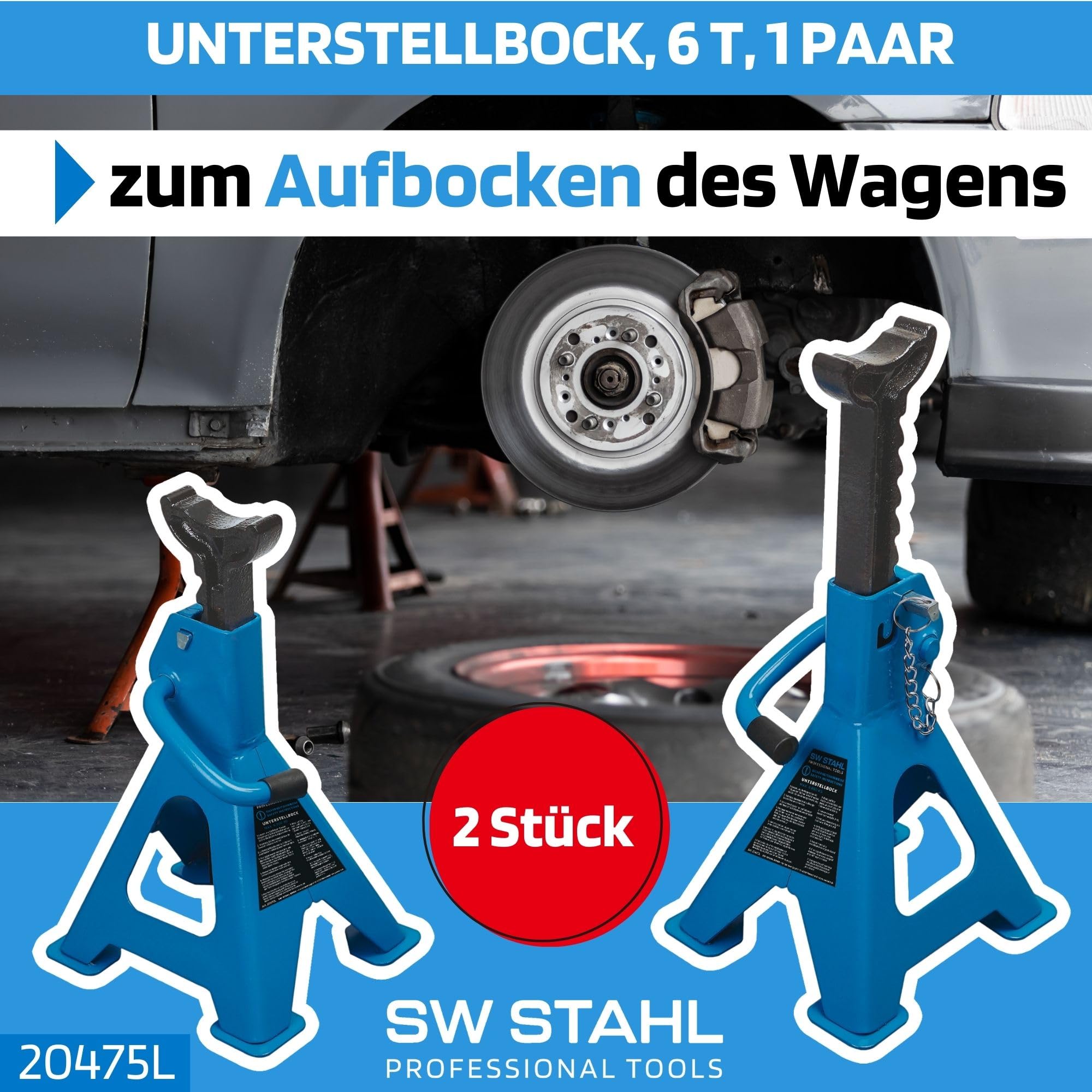 SW-Stahl 20475L Unterstellbock 6 t - 2 Stück Stützböcke - Kfz Bock Set | Höhenverstellbar 385-600 mm - 6000 kg Tragfähigkeit - Metall Arbeitsböcke für Reifenwechsel mit Einhandbedienung