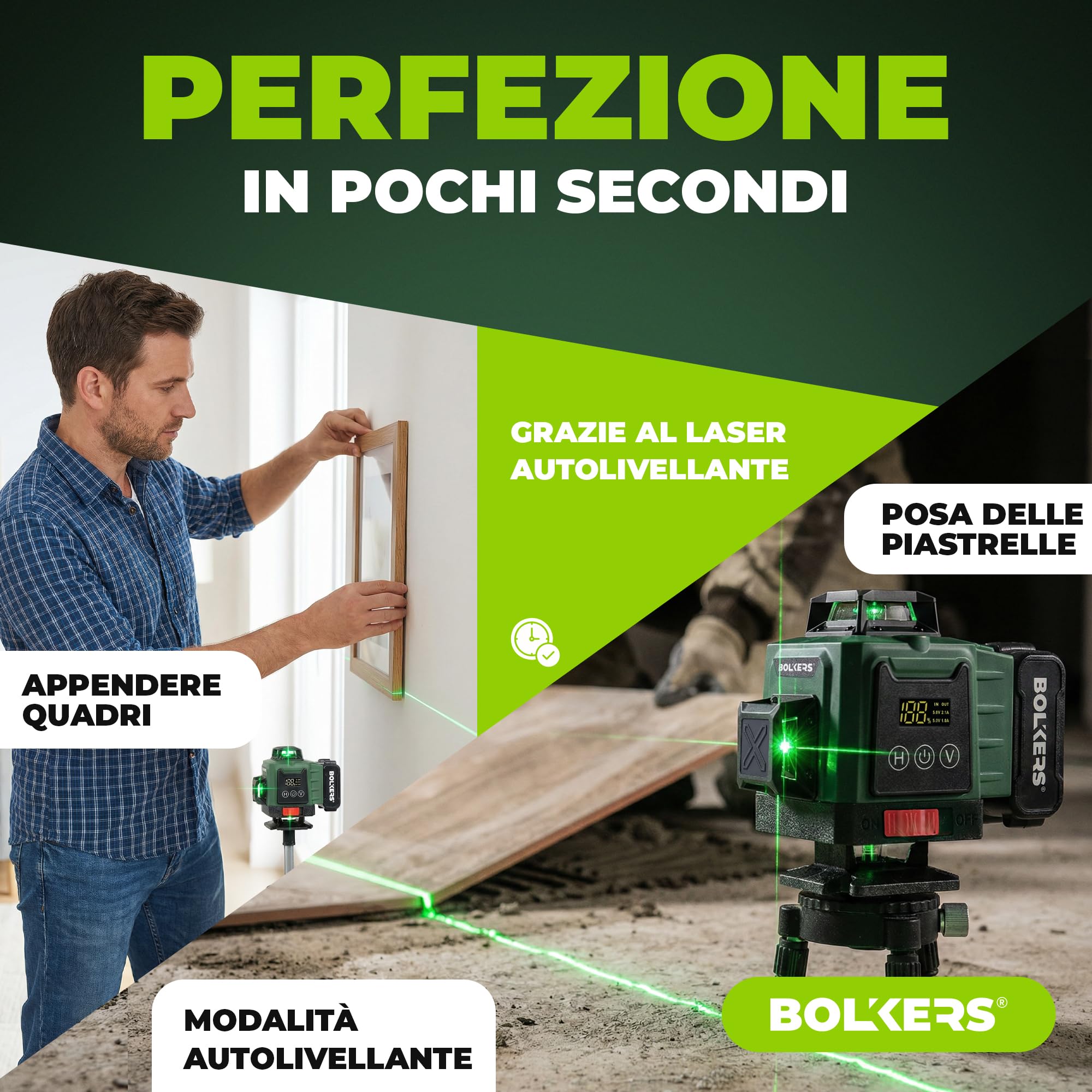 ProLaser 4x360° Livella Laser a Croce con Treppiede - Laser Verde Autolivellante, Livella Laser Edilizia, 16 Linee, 2 Batterie, Custodia & Accessori per Piastrelle, Pareti & Installazione