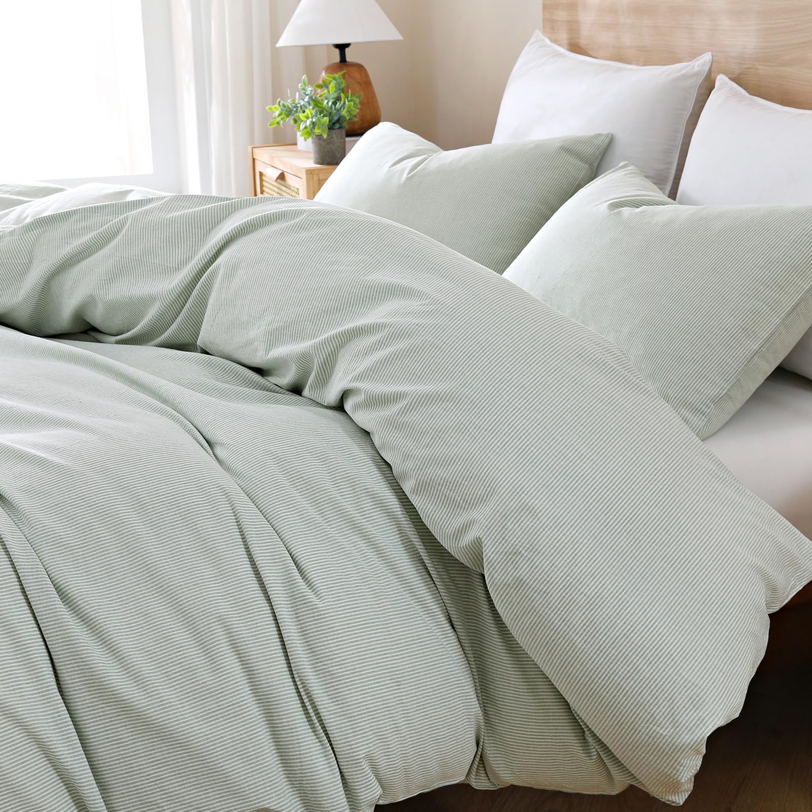TOCOMOA Sage Green Striped Duvet Cover Set Washed Cotton Like Linen, King