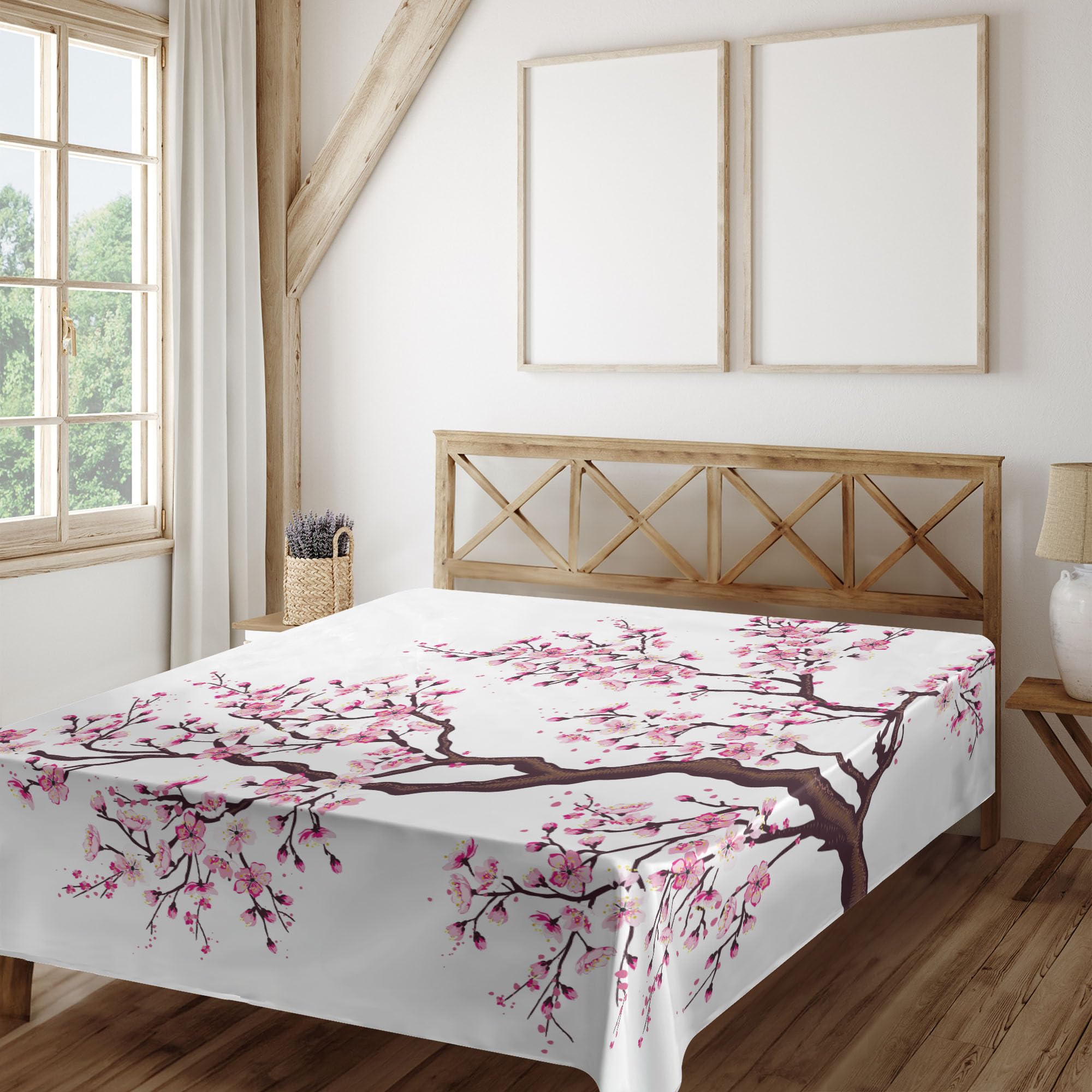 Ambesonne Japanese Flat Sheet, Branch of a Flourishing Sakura Tree Flowers Cherry Blossoms Spring Theme Art, Soft Comfortable Top Sheet Decorative Bedding 1 Piece, King Size, Pink Dark Brown