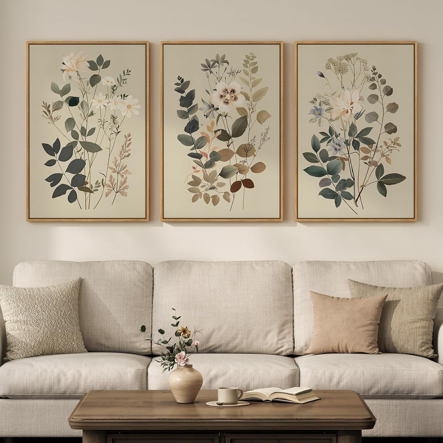 lianyibo Vintage Botanical Wall Art for Living Room Rustic Green Flower Painting Prints for Bedroom Office Kitchen Wall Decor(60x90cmx3/Frameless)