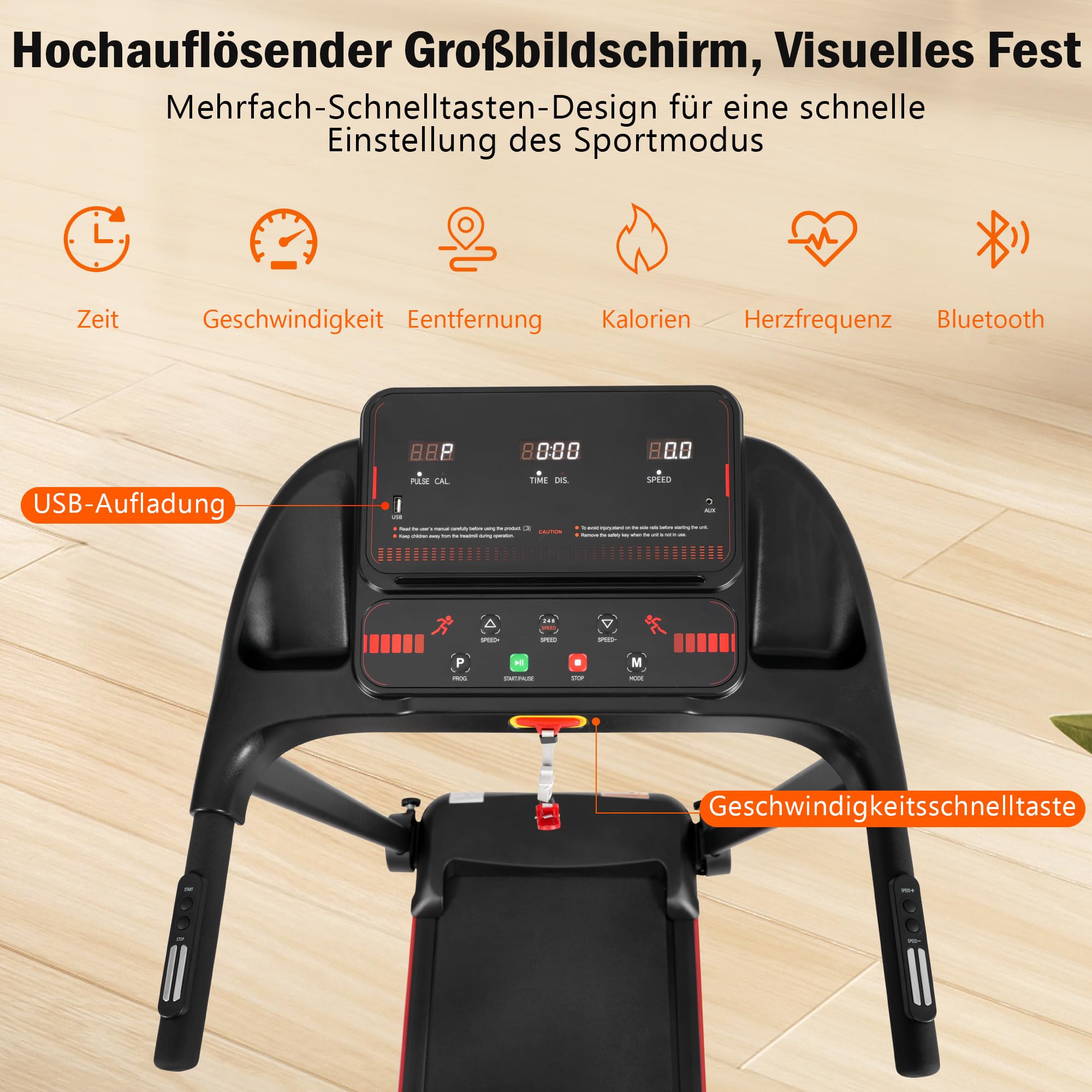 Tapis roulant casa pieghevole con pendenza 8% - Silenzioso Treadmill fino a 14 km/h, motore 3.0 HP, grande battistrada, display LED e Bluetooth, carico massimo 120 kg
