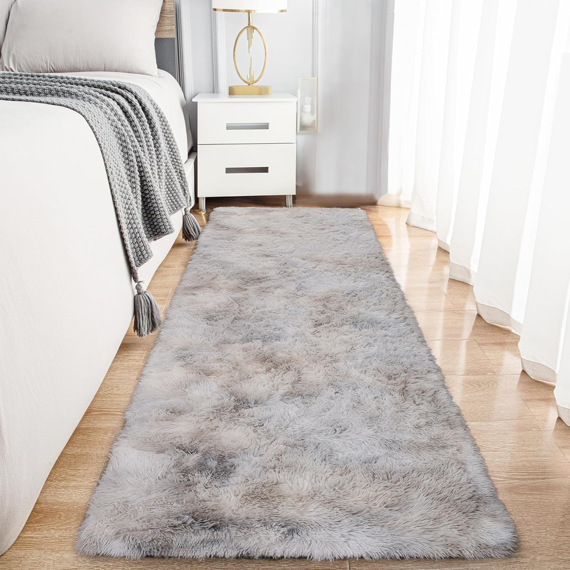 Hafaa Fluffy Shaggy Rugs Living Room Tie-Dye Light Grey 80x300 cm, Long Non-Slip Carpet Runner Rugs for Hallway, Soft Thick Pile Bedside Rug for Kids Bedroom, Nursery Room Non-Shedding