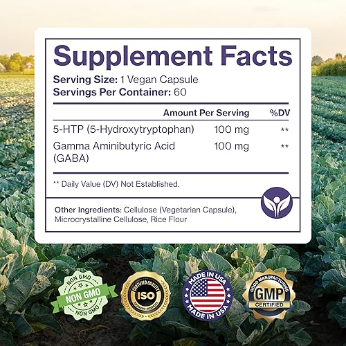 Miniatura 7 de Suplemento Pure 5-HTP 5-hidroxitriptófano Plus GABA  para el sueño el estado de ánimo y el control del estrés  60 cápsulas vegetales