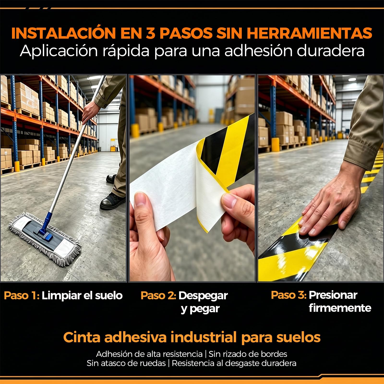 Cinta de Marcaje de Suelo, 50 mm x 30 m, Negro Amarillo | 1,1 mm De Grosor, Reforzada y Resistente al Desgaste, Fuerte Adhesión, Para Almacén e Industria