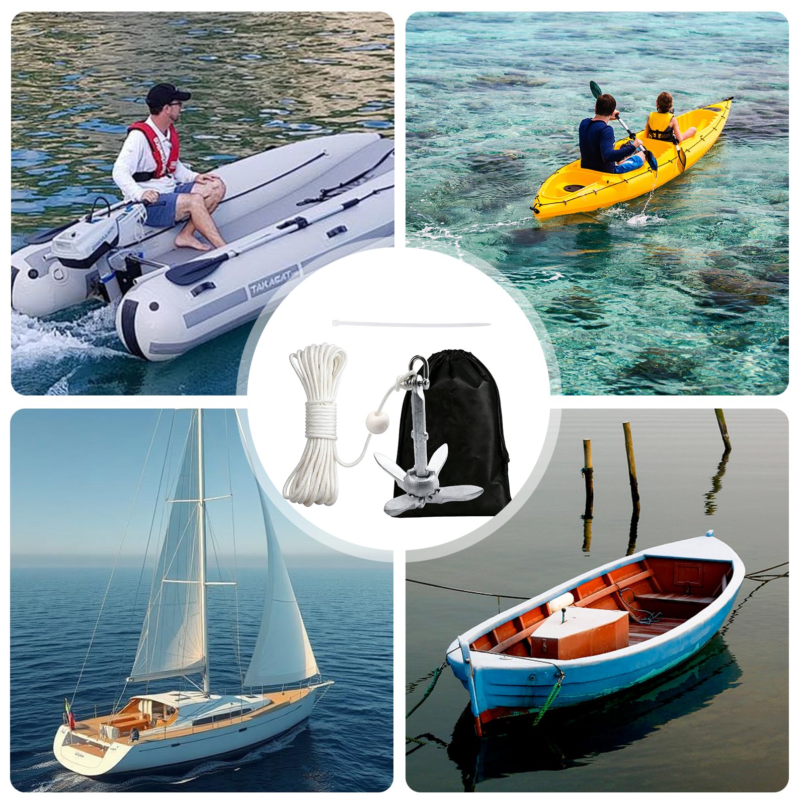 0,7Kg Anker Boot Set, 4 Haken Enterhaken mit 20 m Seil ø 6 mm, Ankerboje Kugel Set, Verzink, Klappanker für Kleine Boote und Reinigen von Wasserpflanzen vor Dem Angeln
