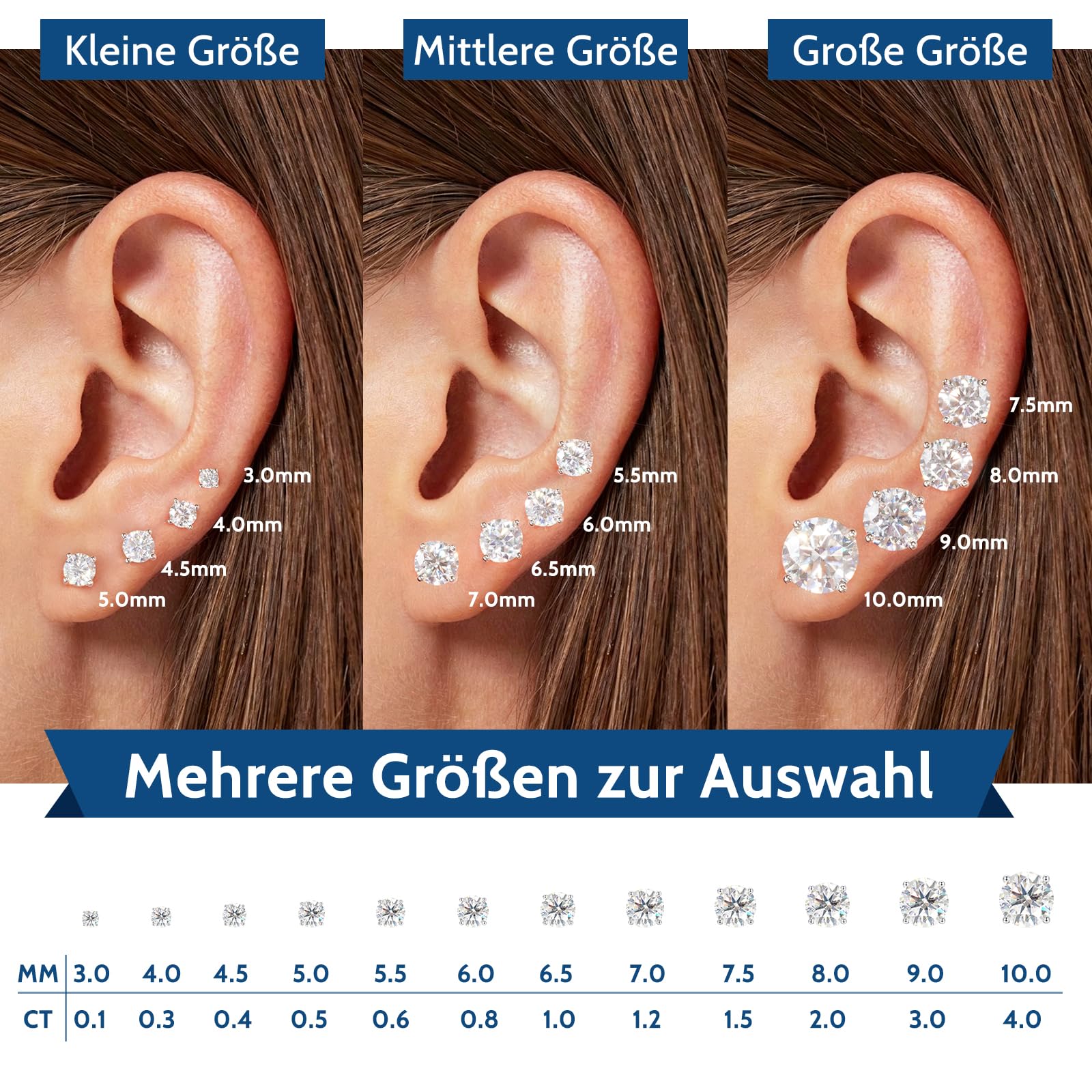 Moissanite Ohrringe Silber 925,Ohrstecker mit Anti-Verlust Schraubverschluss Hypoallergen Weißgold Beschichtet Geschenk für Frauen Mama Oma,3-6.5mm