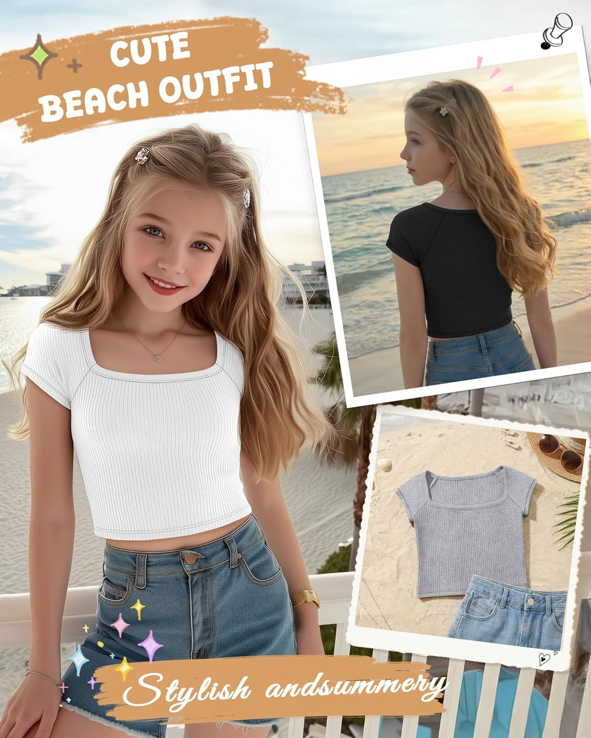 4 Pack Girls Crop Tops Ribbed Knit Short Sleeve Shirts Square Neck 5-14 Years Basic Soft Slim Fitted Tees