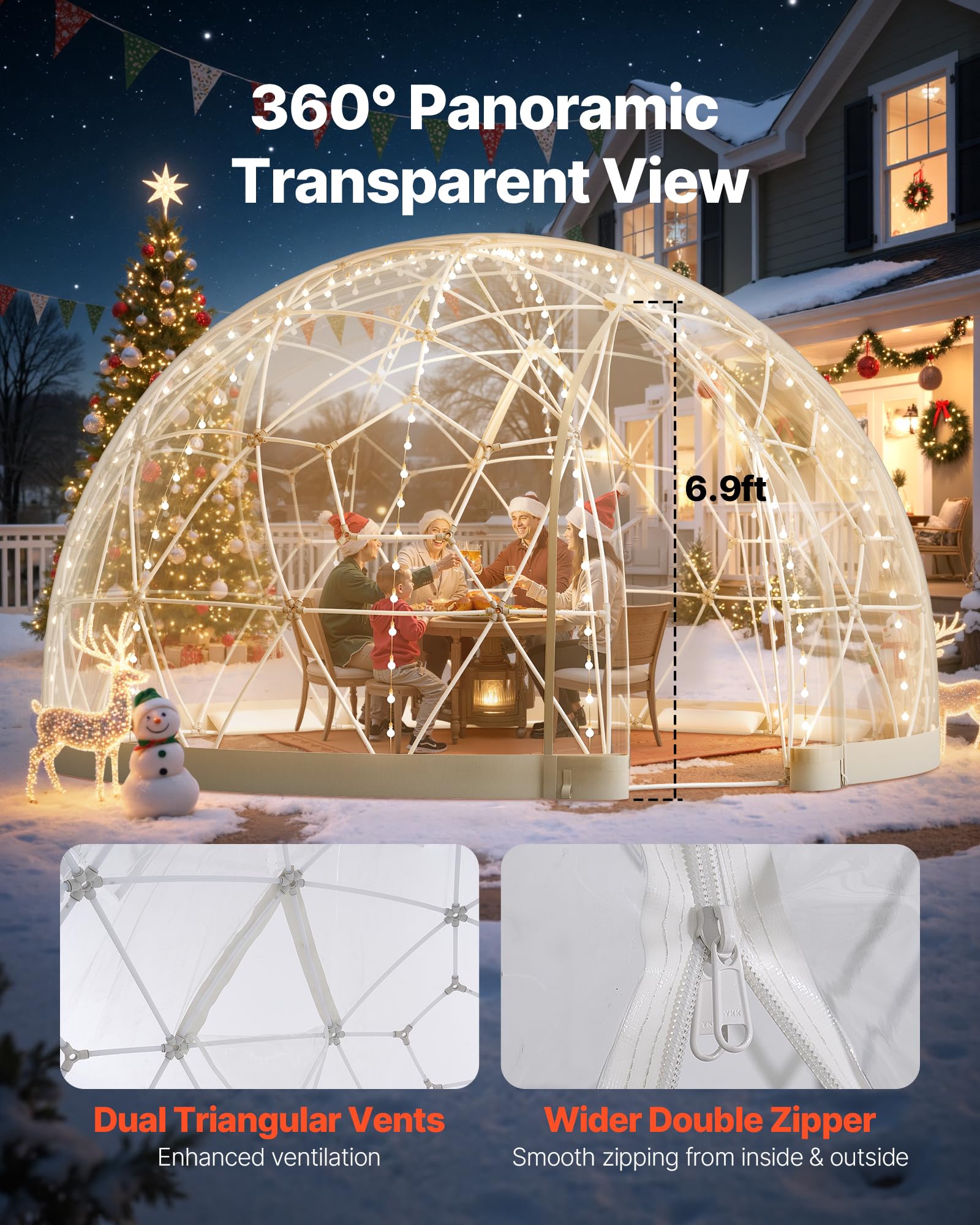 VEVOR Ogród kopułowy Igloo, 4,6 x 2,9 m, na zewnątrz, przezroczysty namiot bąbelkowy dla 10-14 osób, odporny na warunki atmosferyczne, geodezyjna szklarnia z oknem, PCW namiot igloo, na patio podwórko