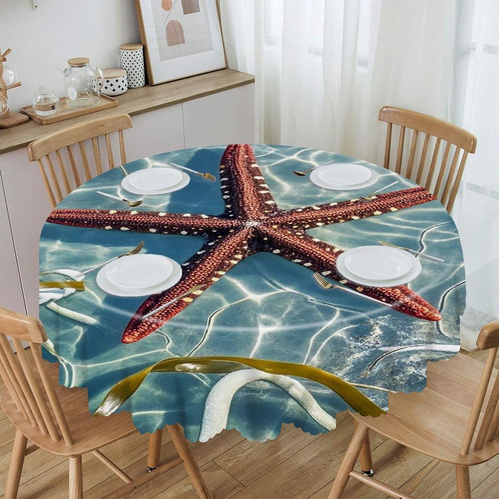 LZQPOEAS Starfish Round Tablecloth Rustic Circle Table Cloth Wrinkle Resistant Decor Tablecloth Waterproof Washable Table Cover for Kitchen Party Dining Table 60 Inch