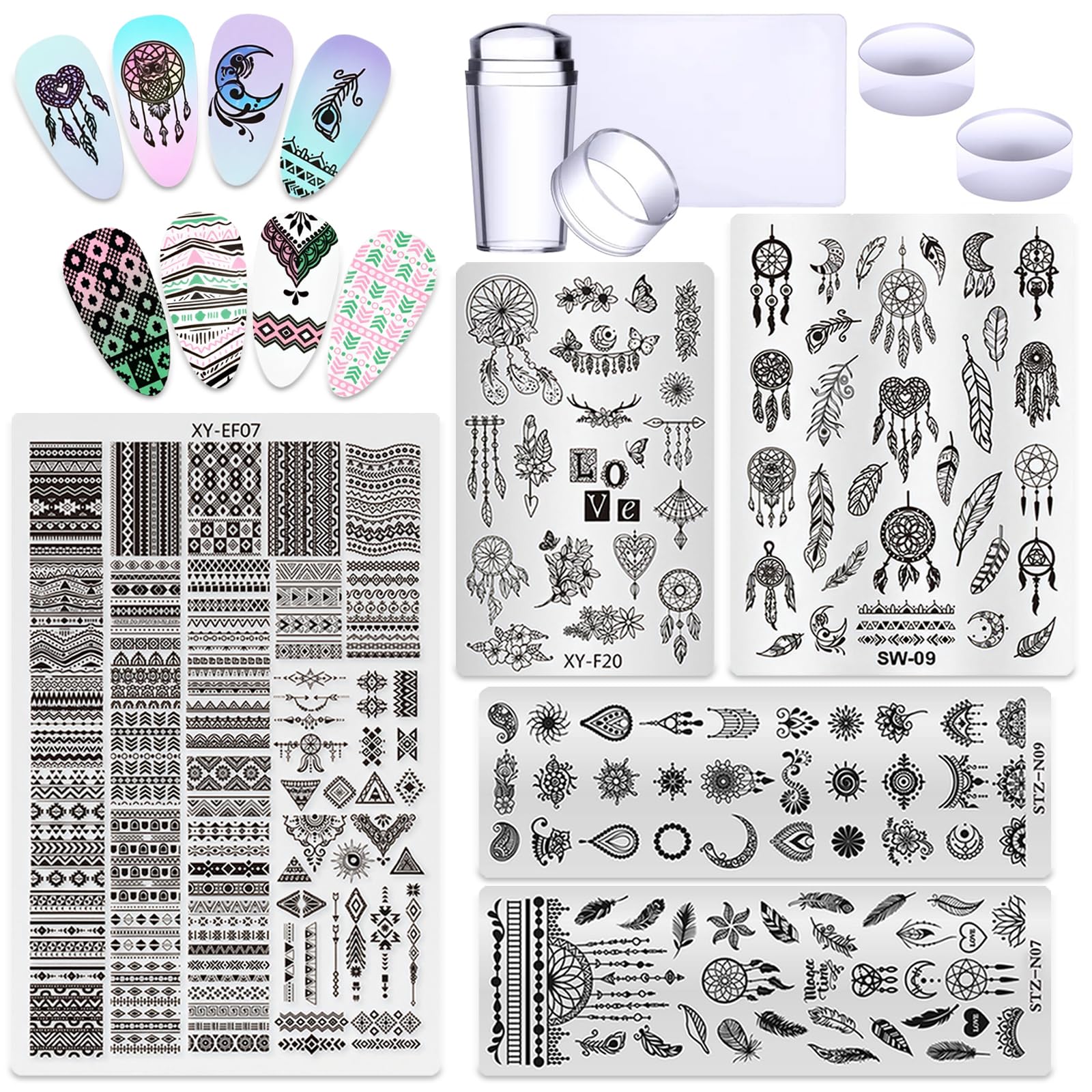 bohemia style nail stamping plate 5pcs set geometric art template with silicone french tip stamper kit nail stencil for nail art salon diy tool supplies