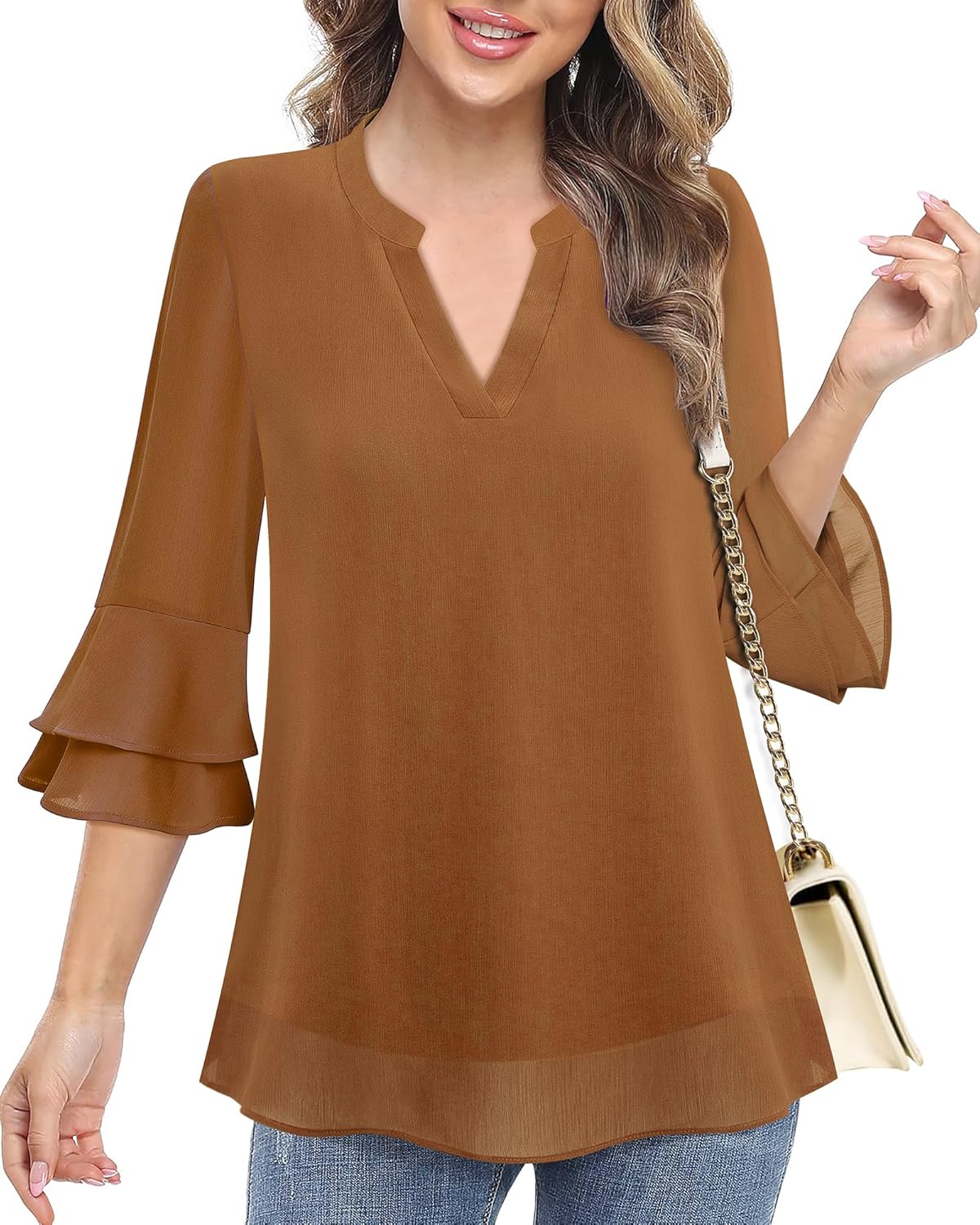 Lotusmile Womens Tops Dressy Casual 3/4 Tiered Bell Sleeve Blouses Double Layered Chiffon Work Tunic Shirts - Image 4