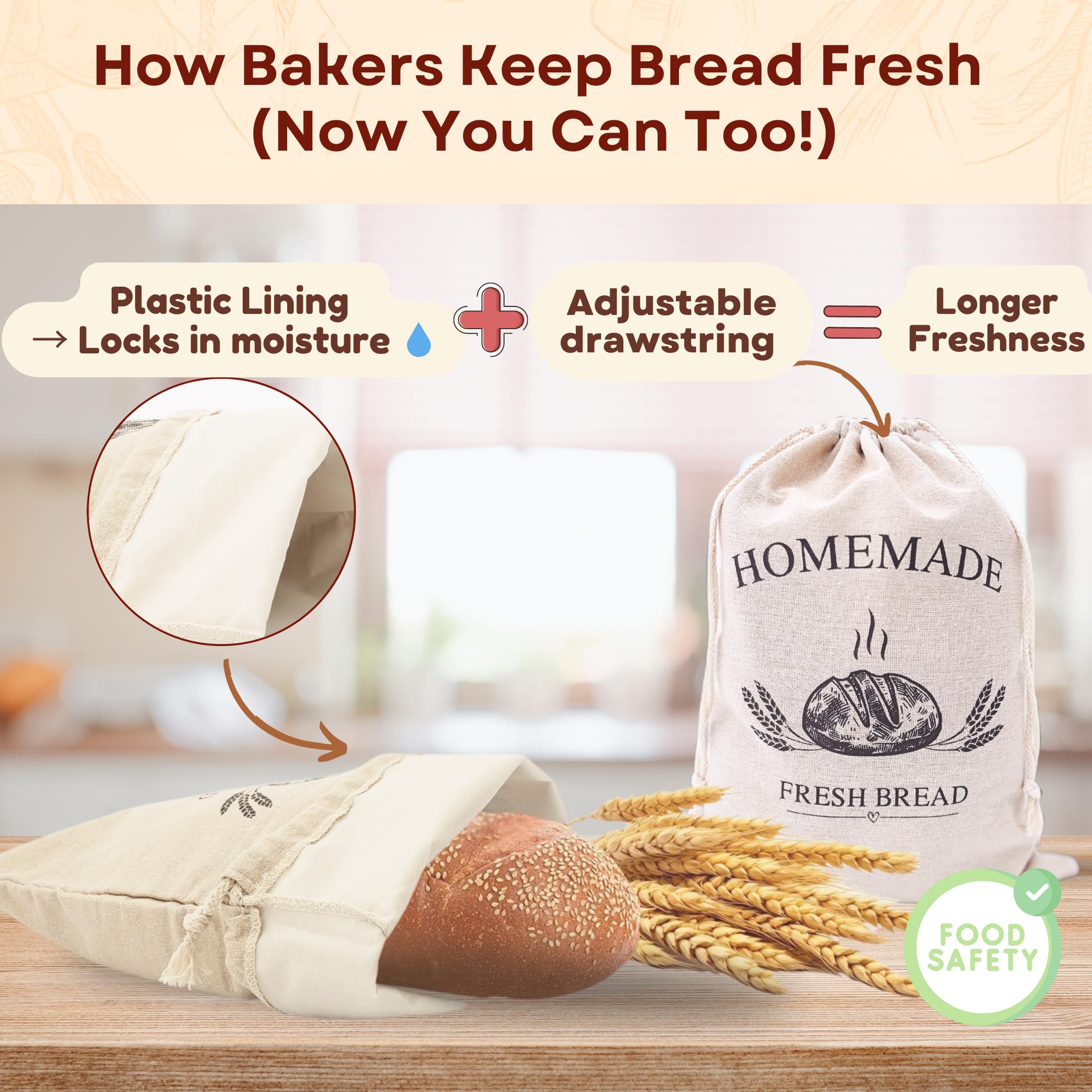 Linen Bread Bags for Homemade Bread – 3 Pack with Bonus Linen Tea Towel for Proofing | Reusable, Eco-Friendly Sourdough Bags with Moisture-Locking Lining | Perfect for Sourdough, Baguettes & More