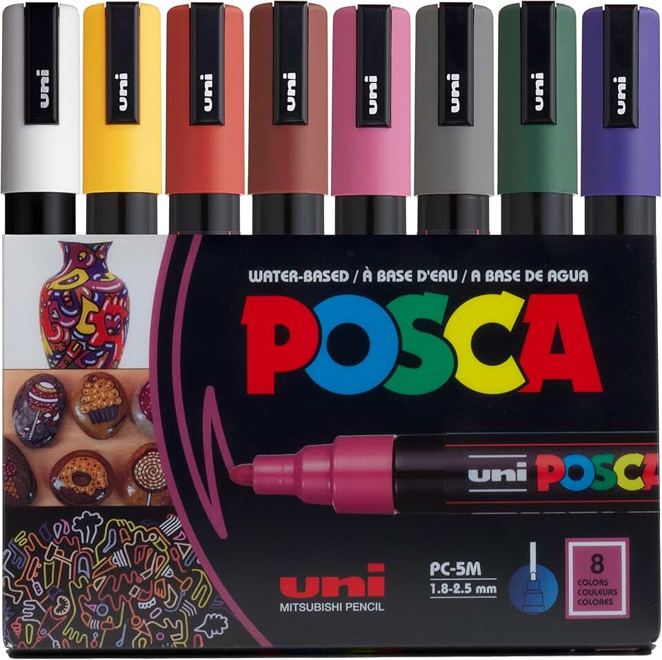 Posca PC-5M Canetas marcadoras permanentes à base de água, conjunto de 8 (cores escuras)