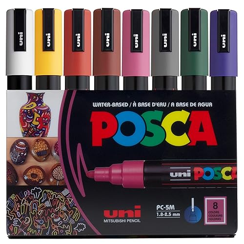 posca Markers Set, 8 Medium Paint Markers 5M – Dark Tones – White, Ochre, Ruby Red, Cacao Brown, Raspberry, Deep Grey, English Green, Prussian Blue - Dark
