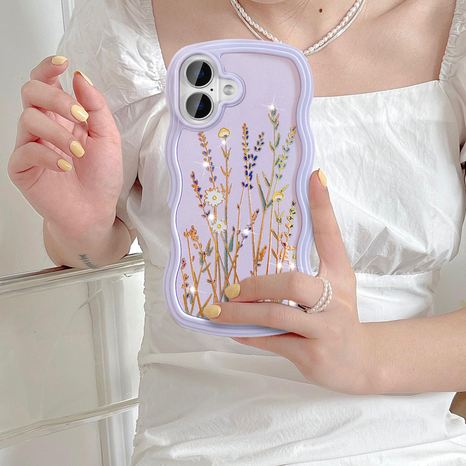 UEEBAI for iPhone 16 Case, Floral Wave Frame Cute Curly Anti-slip Flower Case with Aesthetic Pattern - Image 4