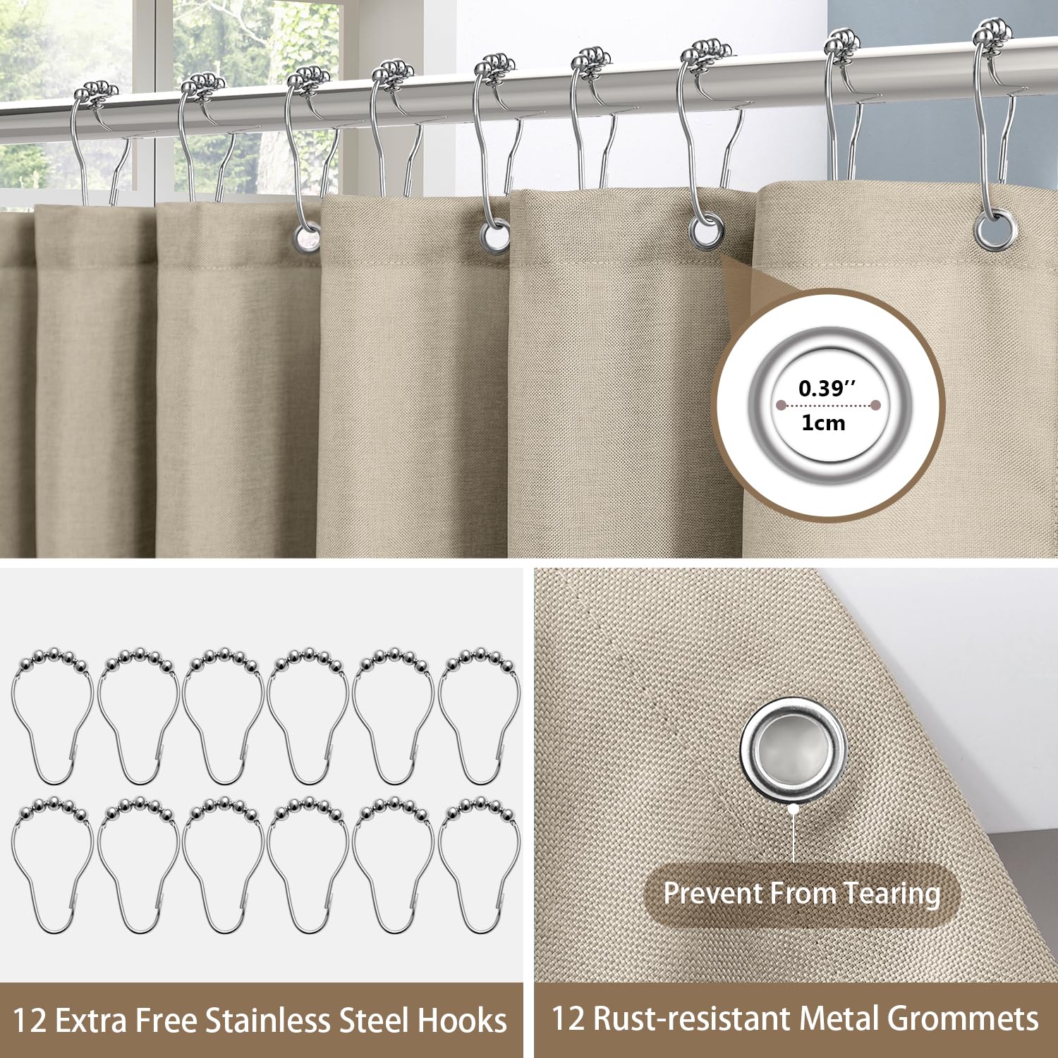 Shower Curtain for Bathroom with Metal Hooks Linen Fabric Shower Curtain Heavy Duty Bath Curtain for Wet Room Bathtub Shower Stall Hotel Quality - Image 3