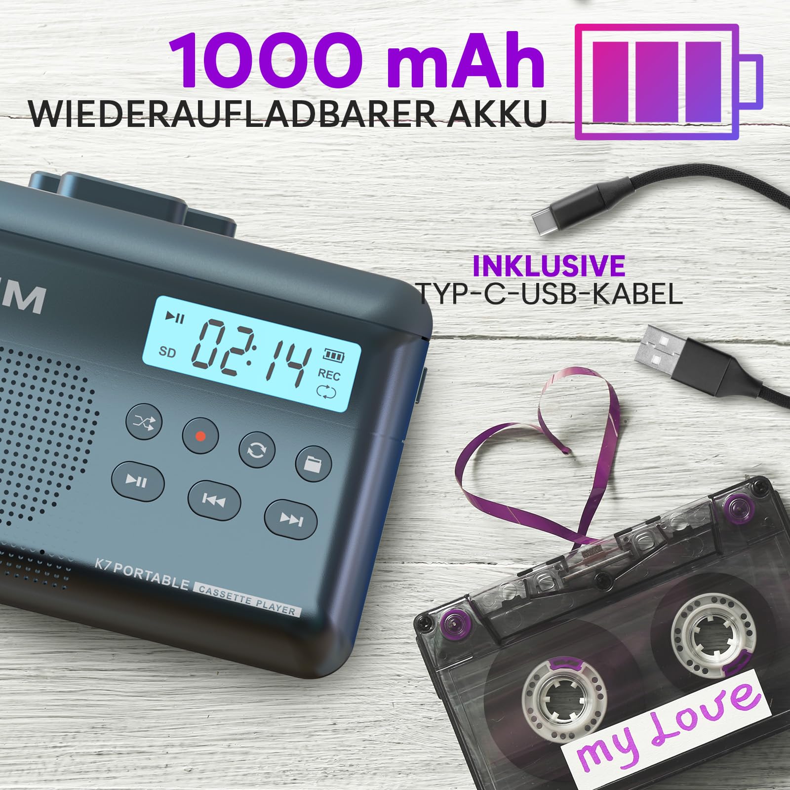 Kassettenspieler - Kassettenrekorder - Cassette Player - Kassetten Digitalisieren - Tragbarer - Mikrofon & Lautsprecher - Wiederaufladbarer Akku - Stereoausgang - 16GB SD-Karte - Blau