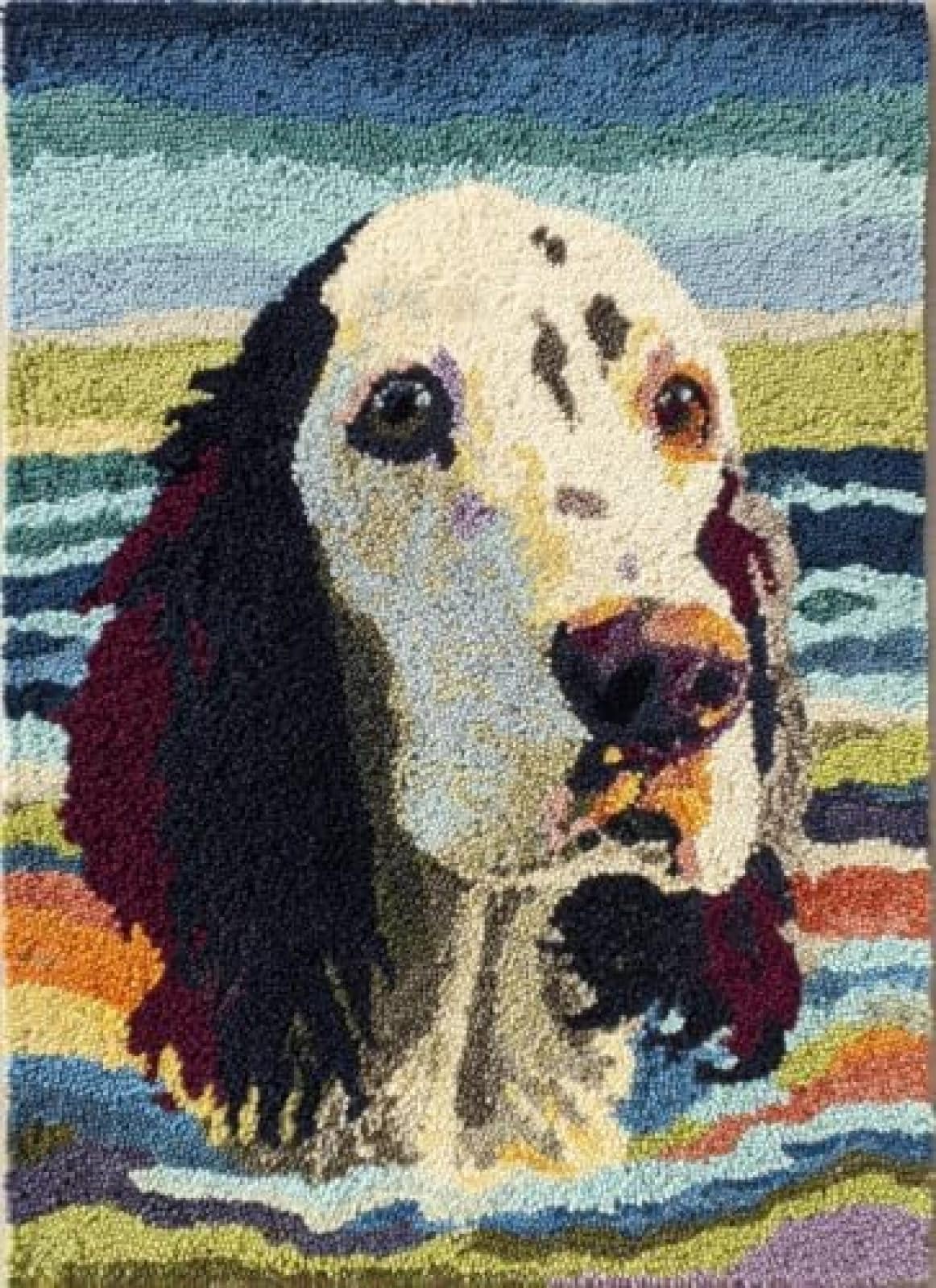 XDEGHUANGSS Latch Hook Rug Kit English Setter Dog Swimming Seaside with Pre-Printed Mat Cover DIY Cushion Crochet Yarn Hooking Craft Set for Floor Decor 38x52cm